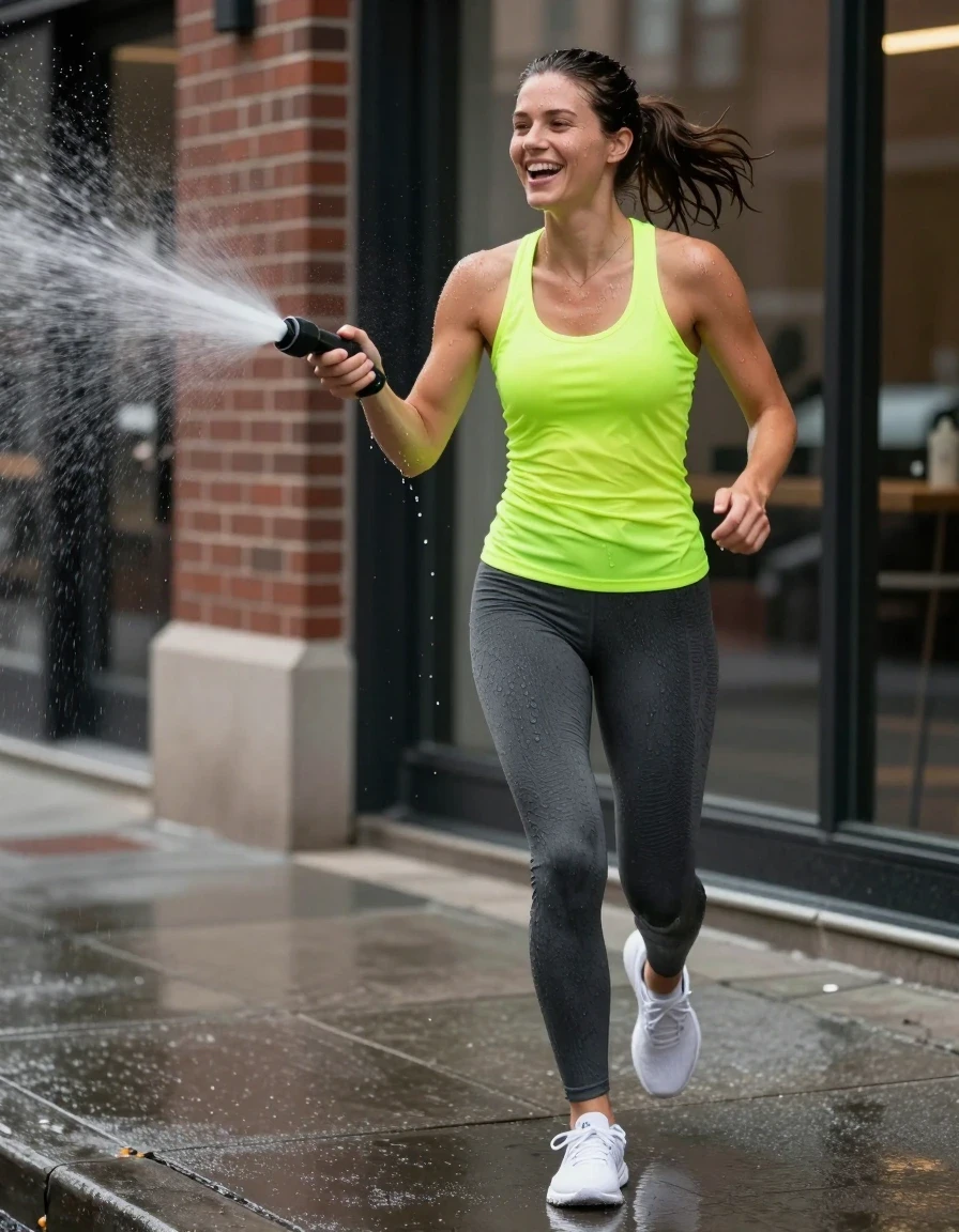 photo of young woman, in soaking wet, drenched clothes,
white knit running sneakers, soaking wet, form-fitting charcoal grey leggings, dripping wet, fitted neon yellow racerback tank top, heavy saturated fabric, urban city sidewalk near a brick gym exterior, 
enjoying, wet clothes stuck to body,
detailed textures of the wet clothes, wet face, wet plastered hair,
wet, drenched, professional, high-quality details, full body view.
sharp focus, ultra-high pixel detail, realistic, high-quality, full colors, incredibly detailed, 4k, 8k, 16k, hyper-realistic, RAW photo, masterpiece, ultra-detailed, professionally color graded, professional photograph, woman laughing while running away from a spraying broken overhead sprinkler, water droplets clinging to skin and fabric, medium long shot, eye-level angle, sharp focus, clean daylight realism, highly detailed texture., wet skin, wet clothes, damp fabric