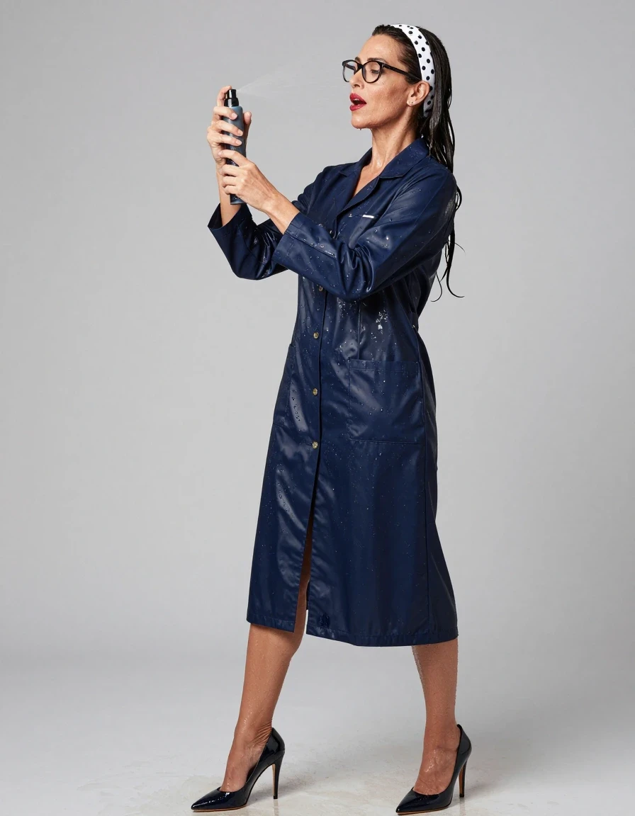photo of young woman, in soaking wet, drenched clothes,
high-heeled shoes, maxi dark blue shiny labcoat , maxi dark blue shiny labcoat , spraying his clothes with the shower, after bath, 
enjoying, wet clothes stuck to body,
detailed textures of the wet clothes, wet face, wet plastered hair,
wet, drenched, professional, high-quality details, full body view.
sharp focus, ultra-high pixel detail, realistic, high-quality, full colors, incredibly detailed, 4k, 8k, 16k, hyper-realistic, RAW photo, masterpiece, ultra-detailed, professionally color graded, professional photograph, europen brunette skinny woman 50 years old, long dark black hair, white polka-dot headband, office glasses, very big and thick lips, complete body, wet skin, wet clothes, damp fabric, wet skin, wet clothes, damp fabric, wet skin, wet clothes, damp fabric, wet skin, wet clothes, damp fabric, wet skin, wet clothes, damp fabric, wet skin, wet clothes, damp fabric, wet skin, wet clothes, damp fabric