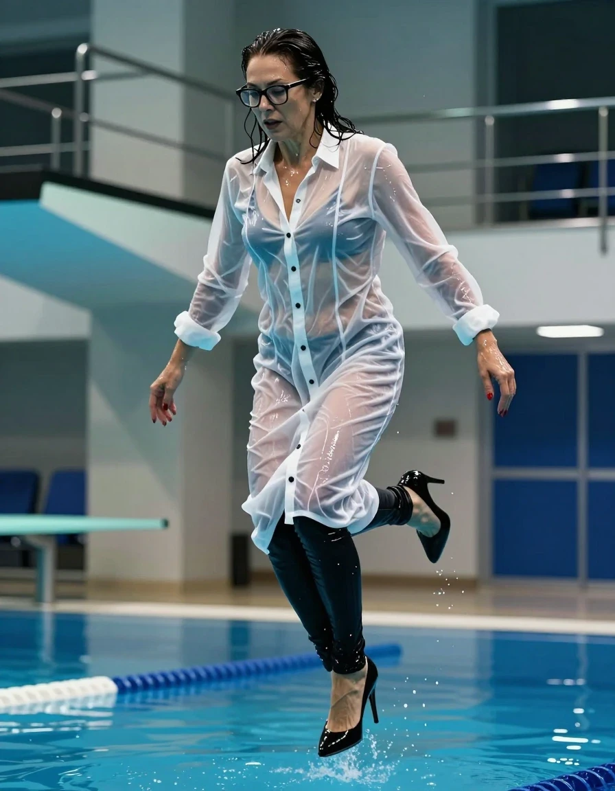 photo of young woman, in soaking wet, drenched clothes,
high-heeled shoes, long black shiny tight jeans, light white oversized gown, buttoned-up, transparent, see-through, kein BH, jumping from the diving board into the water of the indoor pool, 
enjoying, wet clothes stuck to body,
detailed textures of the wet clothes, wet face, wet plastered hair,
wet, drenched, professional, high-quality details, full body view.
sharp focus, ultra-high pixel detail, realistic, high-quality, full colors, incredibly detailed, 4k, 8k, 16k, hyper-realistic, RAW photo, masterpiece, ultra-detailed, professionally color graded, professional photograph, europen brunette skinny woman 50 years old, long dark black hair, office glasses, very big and thick lips, complete body, wet skin, wet clothes, damp fabric, wet skin, wet clothes, damp fabric, wet skin, wet clothes, damp fabric, wet skin, wet clothes, damp fabric, wet skin, wet clothes, damp fabric, wet skin, wet clothes, damp fabric, wet skin, wet clothes, damp fabric