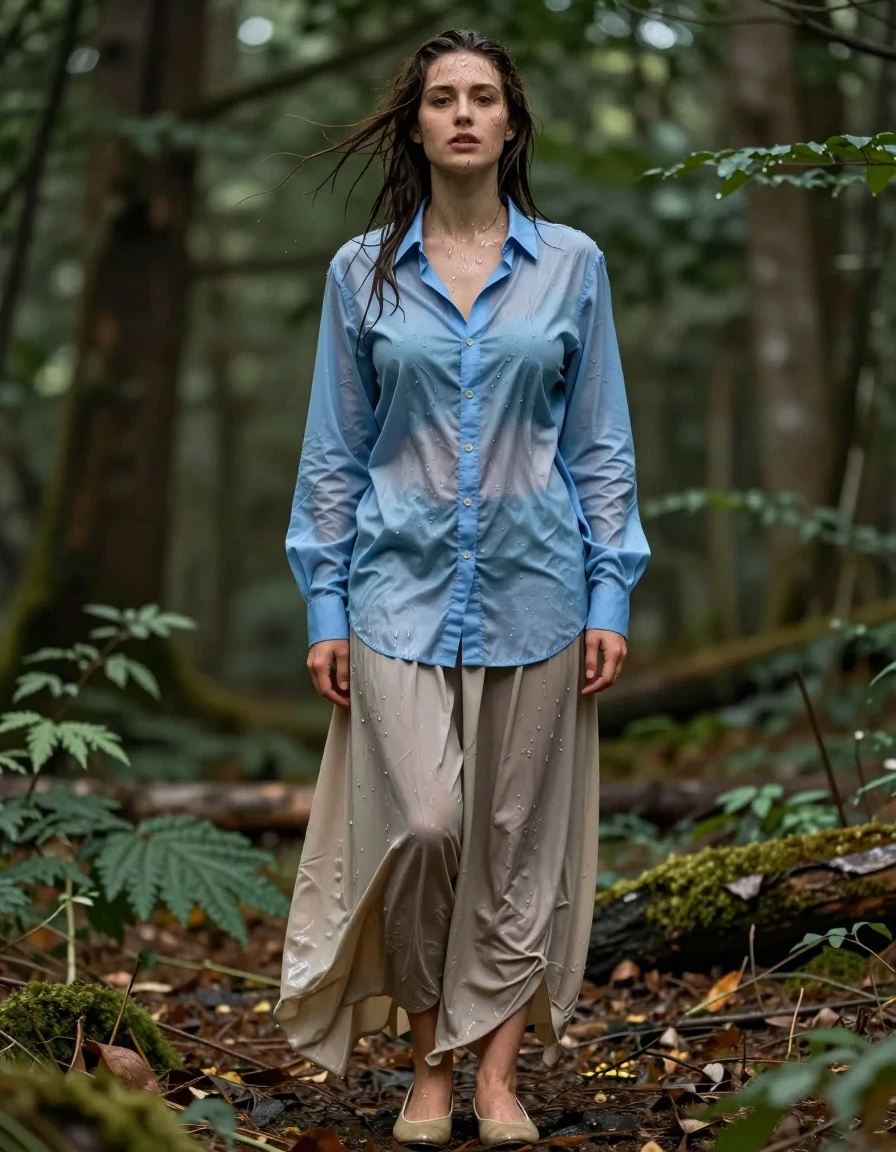 photo of young woman, in soaking wet, drenched clothes,
court shoes, beige floor-length excessively long skirt, oversized long-sleeved buttoned-down light blue shirt, forest, 
enjoying, wet clothes stuck to body,
detailed textures of the wet clothes, wet face, wet plastered hair,
wet, drenched, professional, high-quality details, full body view.
sharp focus, ultra-high pixel detail, realistic, high-quality, full colors, incredibly detailed, 4k, 8k, 16k, hyper-realistic, RAW photo, masterpiece, ultra-detailed, professionally color graded, professional photograph, wind blows her clothes, unbuttoned shirt, wet skin, wet clothes, damp fabric