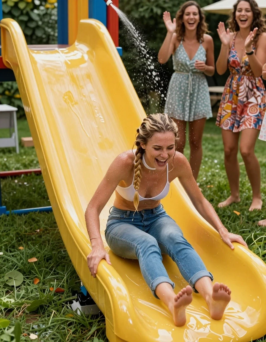 photo of young woman, in soaking wet, drenched clothes,
barefeed, light blue jeans hot pants, white neckholder top, no bra, garden party, 
enjoying, wet clothes stuck to body,
detailed textures of the wet clothes, wet face, wet plastered hair,
wet, drenched, professional, high-quality details, full body view.
sharp focus, ultra-high pixel detail, realistic, high-quality, full colors, incredibly detailed, 4k, 8k, 16k, hyper-realistic, RAW photo, masterpiece, ultra-detailed, professionally color graded, professional photograph, At a garden party, a flat "slip-and-slide" water slide, made  of yellow plastic wrap, is set up on the lawn. Water is sprayed onto the surface from the sides, and there are many puddles on the slide. A 25-year-old woman  glides along it on her stomach on the plasic sheet. Her clothing is soaking wet and clings to her body; she is laughing heartily. Next to the slide, three women in cocktail dresses cheer her on. Capture the moment dynamically as she slides along. The weather is beautiful, and the sun is shining. The woman is a "Nordic" type with blonde hair braided into a ponytail or plait., wet skin, wet clothes, damp fabric