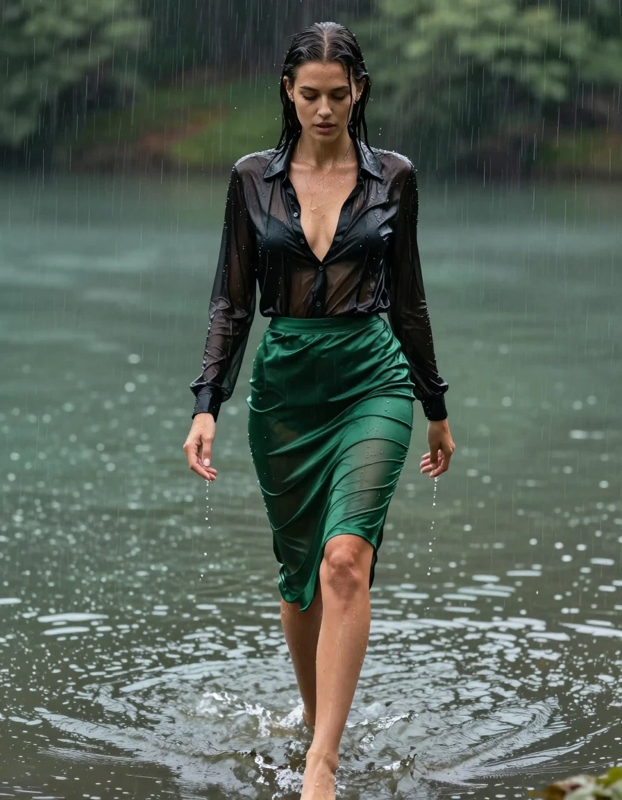 photo of young woman, in soaking wet, drenched clothes,
high-heels, see-through green satin silk slim floor-length skirt, tranparent, black silk blouse, no underwear, walking in the lake, 
enjoying, wet clothes stuck to body,
detailed textures of the wet clothes, wet face, wet plastered hair,
wet, drenched, professional, high-quality details, full body view.
sharp focus, ultra-high pixel detail, realistic, high-quality, full colors, incredibly detailed, 4k, 8k, 16k, hyper-realistic, RAW photo, masterpiece, ultra-detailed, professionally color graded, professional photograph, heavy rain, completely soaked, drenched, dripping wet, wet skin, wet clothes, damp fabric