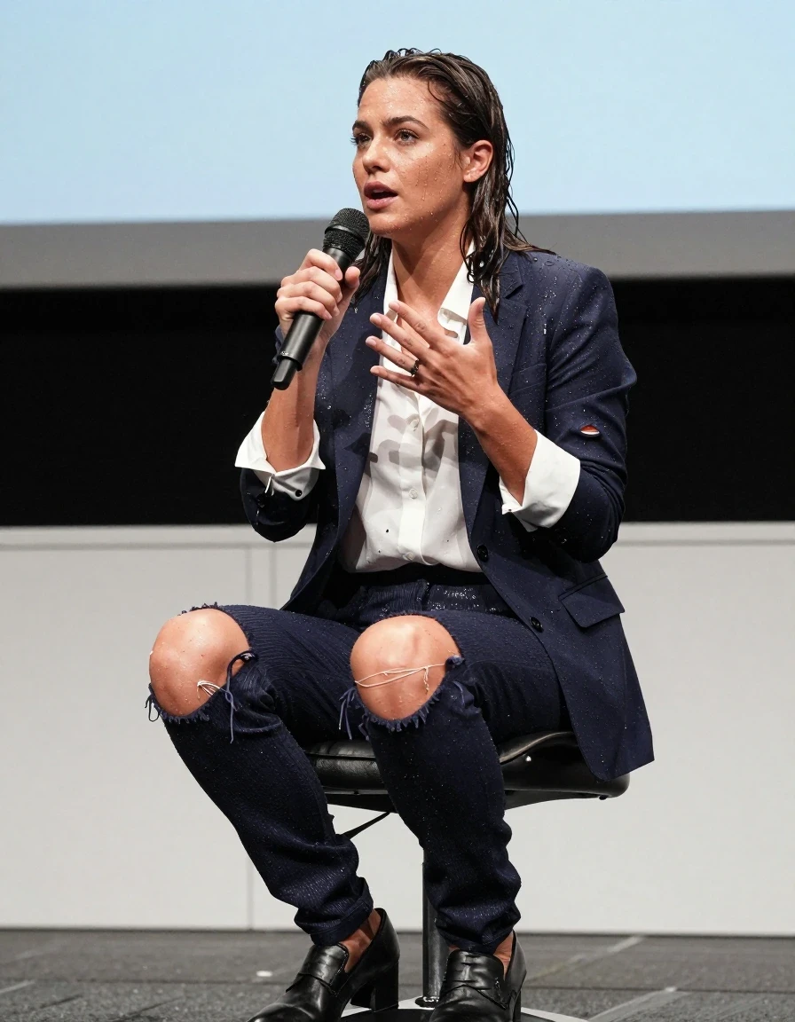 photo of young woman, in soaking wet, drenched clothes,
Shoes, Ripped office trousers, Ripped office shirt and ripped jacket, Speech at conference , 
enjoying, wet clothes stuck to body,
detailed textures of the wet clothes, wet face, wet plastered hair,
wet, drenched, professional, high-quality details, full body view.
sharp focus, ultra-high pixel detail, realistic, high-quality, full colors, incredibly detailed, 4k, 8k, 16k, hyper-realistic, RAW photo, masterpiece, ultra-detailed, professionally color graded, professional photograph, Stripping, wet skin, wet clothes, damp fabric