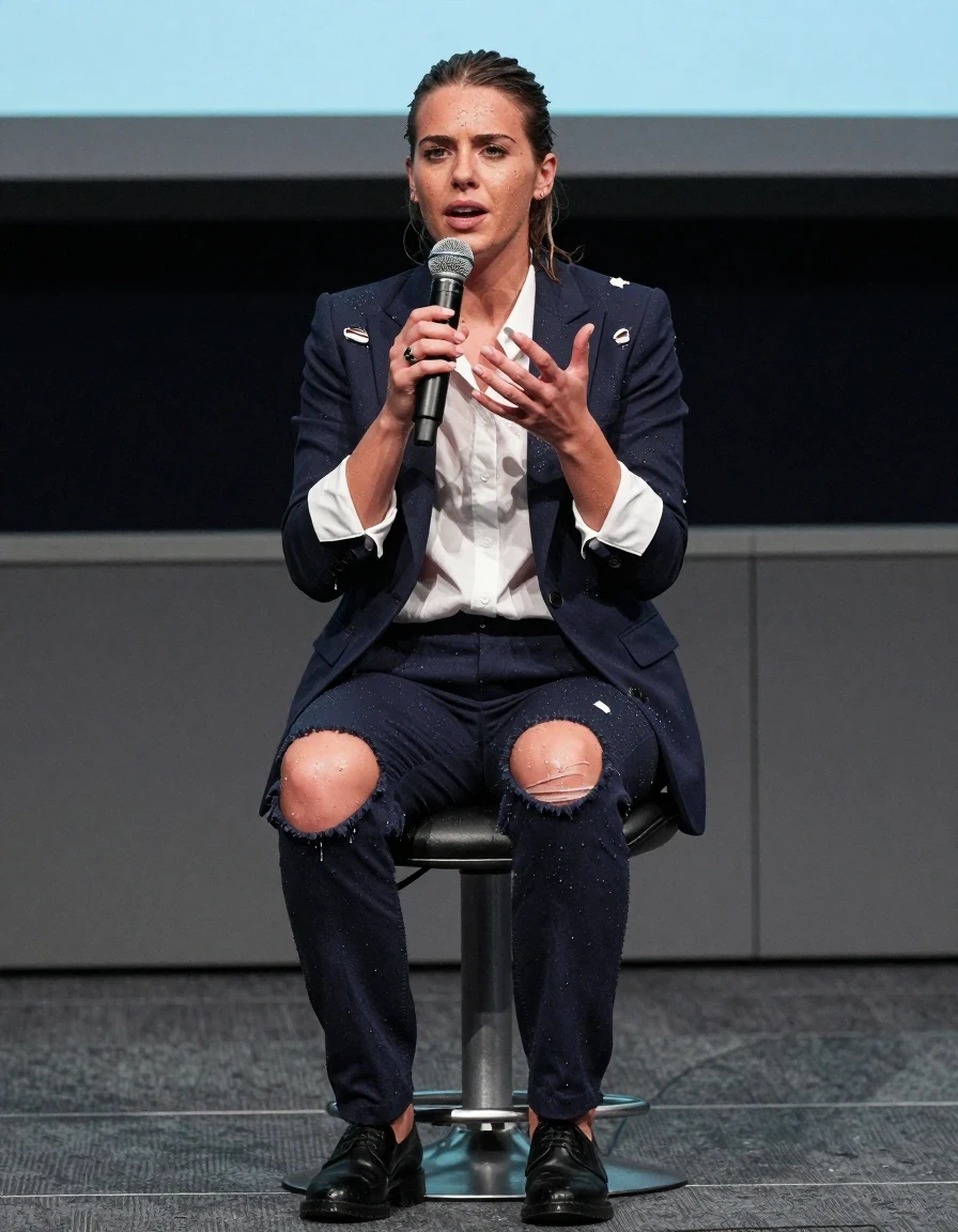 photo of young woman, in soaking wet, drenched clothes,
Shoes, Ripped office trousers, Ripped office shirt and ripped jacket, Speech at conference , 
enjoying, wet clothes stuck to body,
detailed textures of the wet clothes, wet face, wet plastered hair,
wet, drenched, professional, high-quality details, full body view.
sharp focus, ultra-high pixel detail, realistic, high-quality, full colors, incredibly detailed, 4k, 8k, 16k, hyper-realistic, RAW photo, masterpiece, ultra-detailed, professionally color graded, professional photograph, Stripping, wet skin, wet clothes, damp fabric