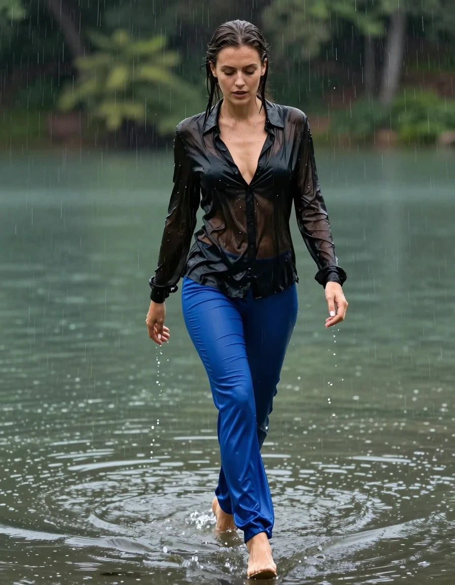 photo of young woman, in soaking wet, drenched clothes,
high-heels, blue silk pants, black silk blouse, no underwear, see-through, walking in the lake, 
enjoying, wet clothes stuck to body,
detailed textures of the wet clothes, wet face, wet plastered hair,
wet, drenched, professional, high-quality details, full body view.
sharp focus, ultra-high pixel detail, realistic, high-quality, full colors, incredibly detailed, 4k, 8k, 16k, hyper-realistic, RAW photo, masterpiece, ultra-detailed, professionally color graded, professional photograph, heavy rain, completely soaked, drenched, dripping wet, wet skin, wet clothes, damp fabric