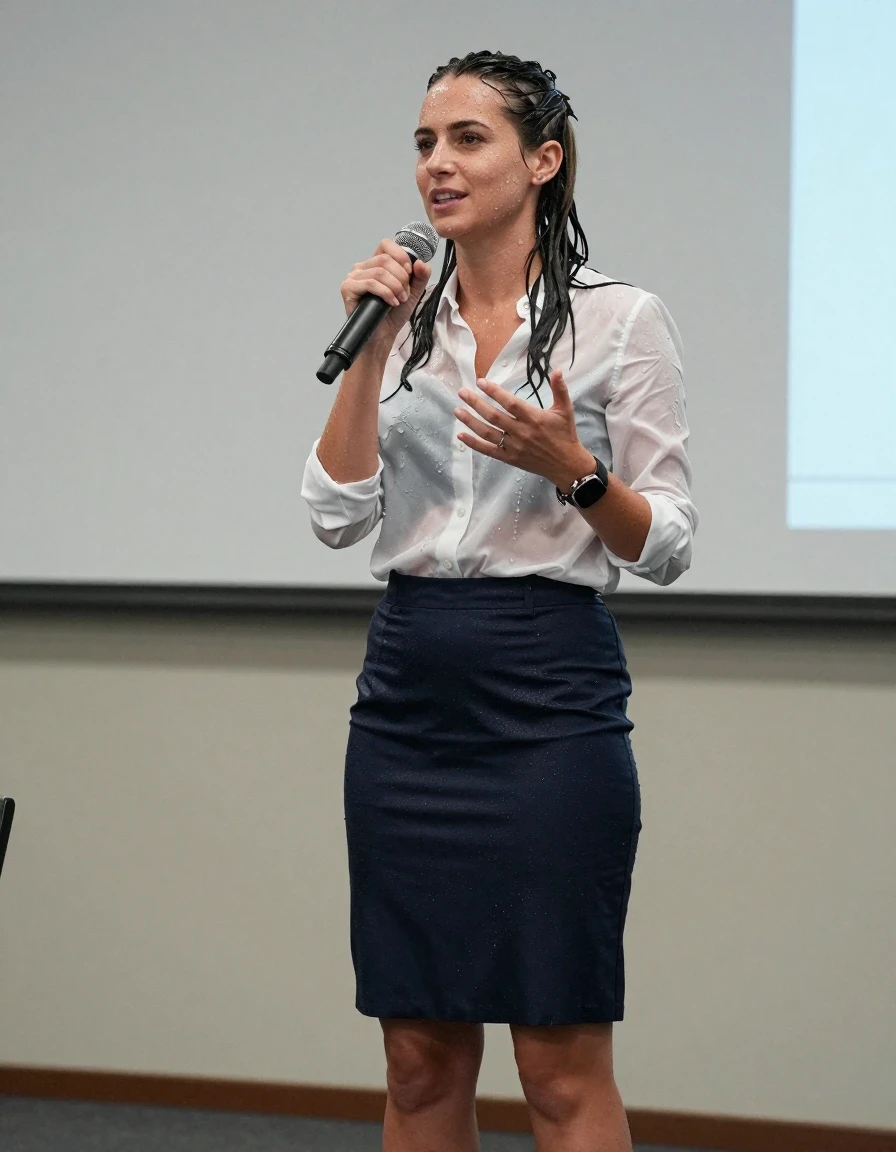 photo of young woman, in soaking wet, drenched clothes,
Shoes , Office skirt, Blouse, Speech in conference, 
enjoying, wet clothes stuck to body,
detailed textures of the wet clothes, wet face, wet plastered hair,
wet, drenched, professional, high-quality details, full body view.
sharp focus, ultra-high pixel detail, realistic, high-quality, full colors, incredibly detailed, 4k, 8k, 16k, hyper-realistic, RAW photo, masterpiece, ultra-detailed, professionally color graded, professional photograph, Smiling, wet skin, wet clothes, damp fabric