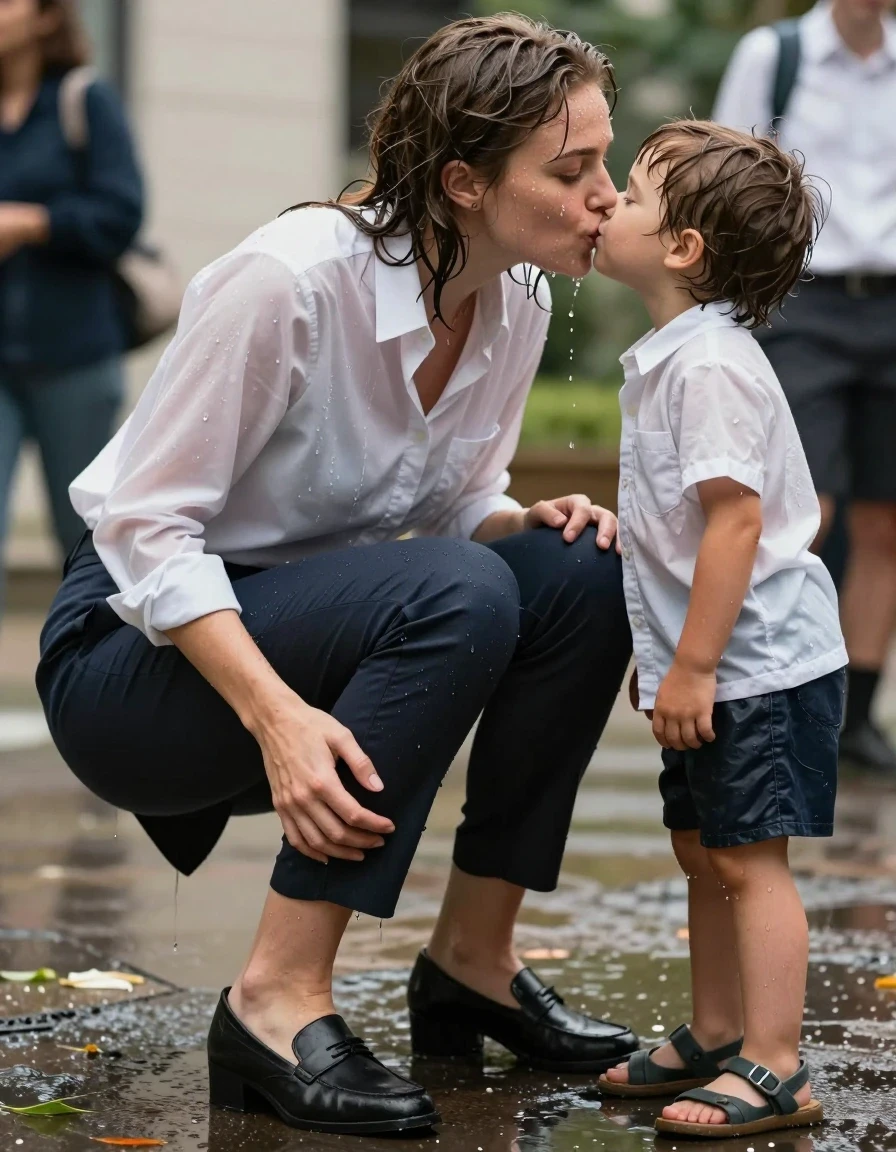 photo of young woman, in soaking wet, drenched clothes,
Shoes, Skirt or trousers, Office shirt, Student party, 
enjoying, wet clothes stuck to body,
detailed textures of the wet clothes, wet face, wet plastered hair,
wet, drenched, professional, high-quality details, full body view.
sharp focus, ultra-high pixel detail, realistic, high-quality, full colors, incredibly detailed, 4k, 8k, 16k, hyper-realistic, RAW photo, masterpiece, ultra-detailed, professionally color graded, professional photograph, Kissing two children, wet skin, wet clothes, damp fabric