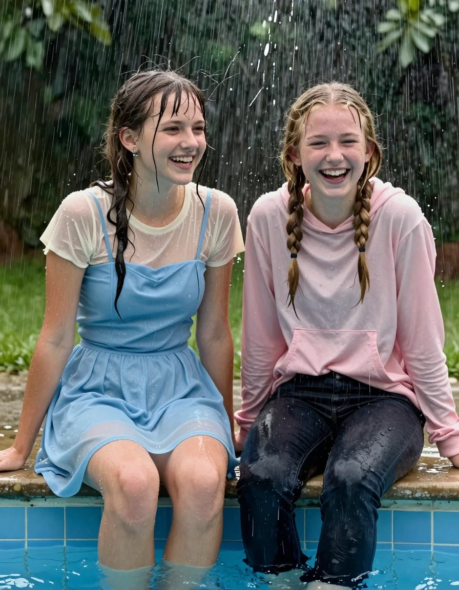 photo of young woman, in soaking wet, drenched clothes,
, , casual wear, 2 girls sitting on the edge of the pool while it pours water on them during a heavy storm, 
enjoying, wet clothes stuck to body,
detailed textures of the wet clothes, wet face, wet plastered hair,
wet, drenched, professional, high-quality details, full body view.
sharp focus, ultra-high pixel detail, realistic, high-quality, full colors, incredibly detailed, 4k, 8k, 16k, hyper-realistic, RAW photo, masterpiece, ultra-detailed, professionally color graded, professional photograph, 2 small college girls both having fun together. both similar age, a nineteen year old girl, a She has a wide square young face a very small chest, she is a pale brunette with a ponytail and bangs and a septum piercing, She is full of youthful energy, she is wearing a cream short sleeve see through sparkly undershirt underneath her formal thick pale blue strapless dress
 her dress has a flat front with a wider base.  Her friend has dark blonde hair, she is wearing a pink long sleeve top with a hood and front pockets and dark wide jeans, her clothes darken from the water. She has a wide square face,, wet skin, wet clothes, damp fabric, wet skin, wet clothes, damp fabric, wet skin, wet clothes, damp fabric, wet skin, wet clothes, damp fabric, wet skin, wet clothes, damp fabric, wet skin, wet clothes, damp fabric, wet skin, wet clothes, damp fabric