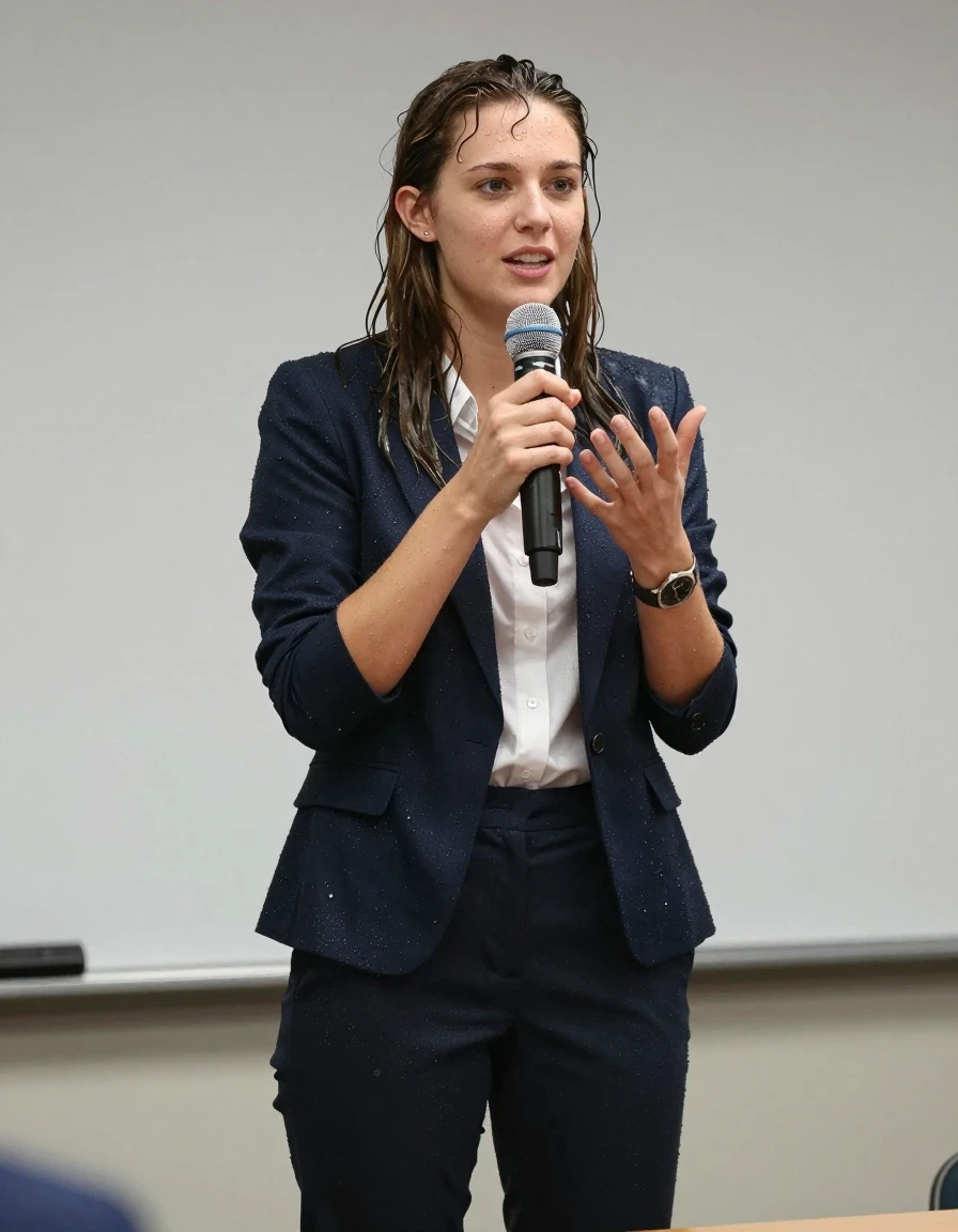 photo of young woman, in soaking wet, drenched clothes,
Shoes , Office trousers or skirt, Shirt and and jacket, Speech in conference, 
enjoying, wet clothes stuck to body,
detailed textures of the wet clothes, wet face, wet plastered hair,
wet, drenched, professional, high-quality details, full body view.
sharp focus, ultra-high pixel detail, realistic, high-quality, full colors, incredibly detailed, 4k, 8k, 16k, hyper-realistic, RAW photo, masterpiece, ultra-detailed, professionally color graded, professional photograph, Teenager smiling, wet skin, wet clothes, damp fabric