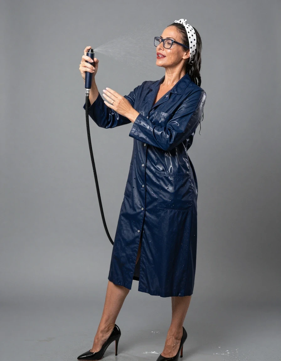 photo of young woman, in soaking wet, drenched clothes,
high-heeled shoes, maxi dark blue shiny labcoat , maxi dark blue shiny labcoat , spraying his clothes with the shower, after bath, 
enjoying, wet clothes stuck to body,
detailed textures of the wet clothes, wet face, wet plastered hair,
wet, drenched, professional, high-quality details, full body view.
sharp focus, ultra-high pixel detail, realistic, high-quality, full colors, incredibly detailed, 4k, 8k, 16k, hyper-realistic, RAW photo, masterpiece, ultra-detailed, professionally color graded, professional photograph, europen brunette skinny woman 50 years old, long dark black hair, white polka-dot headband, office glasses, very big and thick lips, complete body, wet skin, wet clothes, damp fabric, wet skin, wet clothes, damp fabric, wet skin, wet clothes, damp fabric, wet skin, wet clothes, damp fabric, wet skin, wet clothes, damp fabric, wet skin, wet clothes, damp fabric, wet skin, wet clothes, damp fabric
