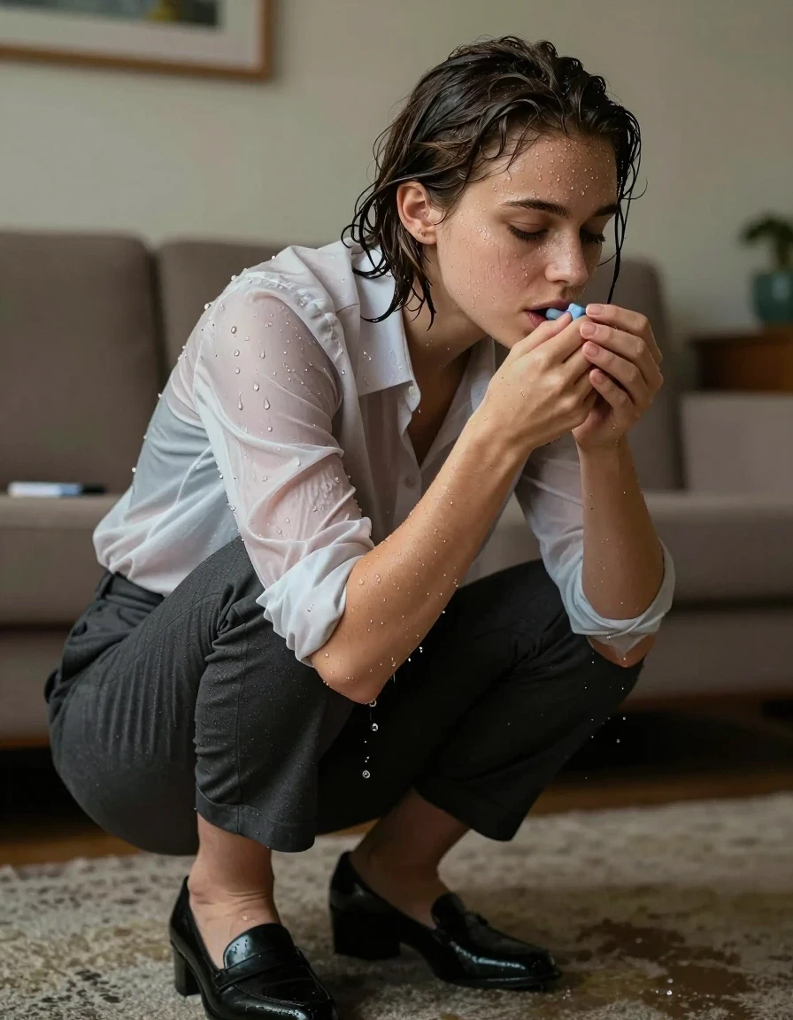 photo of young woman, in soaking wet, drenched clothes,
Shoes, Office trousers or skirt, Office shirt and jacket, Dinner at home, 
enjoying, wet clothes stuck to body,
detailed textures of the wet clothes, wet face, wet plastered hair,
wet, drenched, professional, high-quality details, full body view.
sharp focus, ultra-high pixel detail, realistic, high-quality, full colors, incredibly detailed, 4k, 8k, 16k, hyper-realistic, RAW photo, masterpiece, ultra-detailed, professionally color graded, professional photograph, Havin sex with one boy, wet skin, wet clothes, damp fabric
