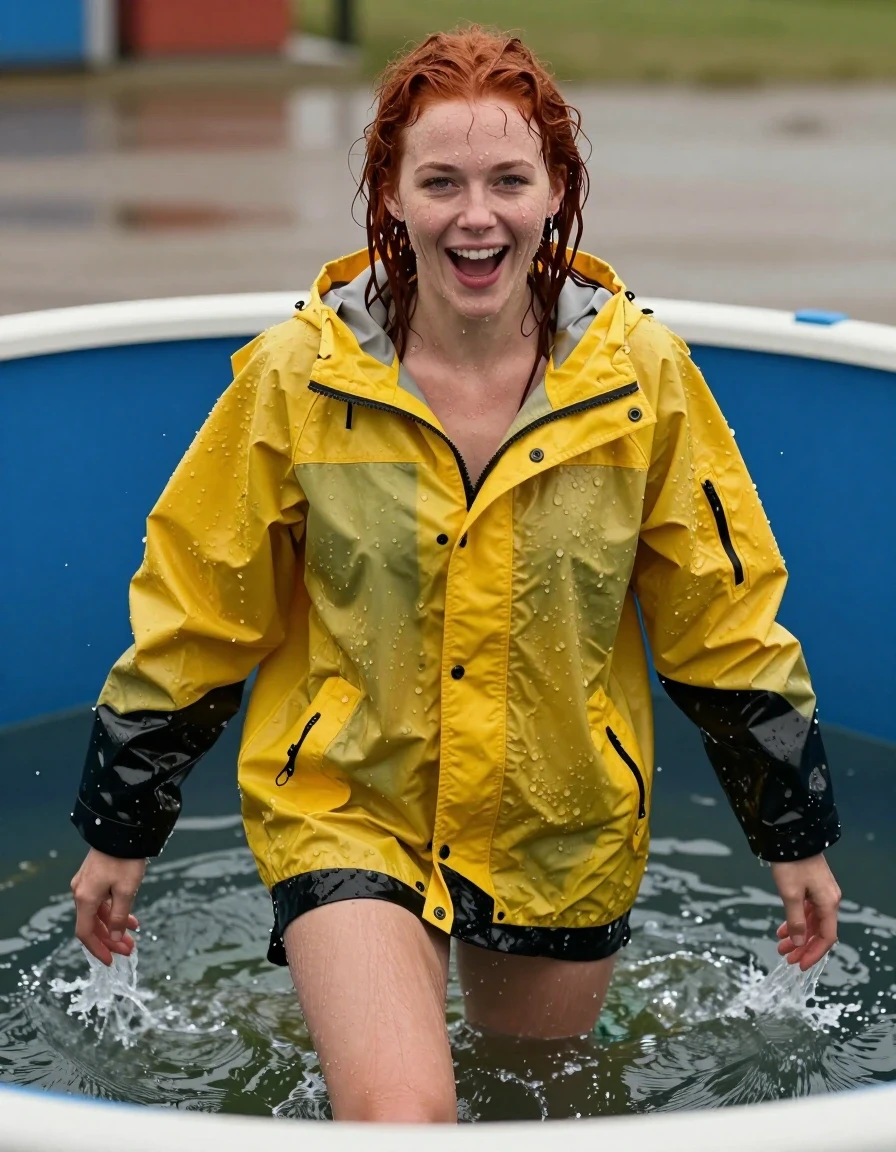 photo of young woman, in soaking wet, drenched clothes,
No socks , No underwear , Yellow and black long thin  oversized trespass ultralight weight rainjacket. , In the dunk tank soaking wet covered in slime  . She just emerged from the slime soaking wet , 
enjoying, wet clothes stuck to body,
detailed textures of the wet clothes, wet face, wet plastered hair,
wet, drenched, professional, high-quality details, full body view.
sharp focus, ultra-high pixel detail, realistic, high-quality, full colors, incredibly detailed, 4k, 8k, 16k, hyper-realistic, RAW photo, masterpiece, ultra-detailed, professionally color graded, professional photograph, Her  red  hair is soaking wet and dripping with water.  Her clothes are soaking wet . She's very aroused and happy, wet skin, wet clothes, damp fabric