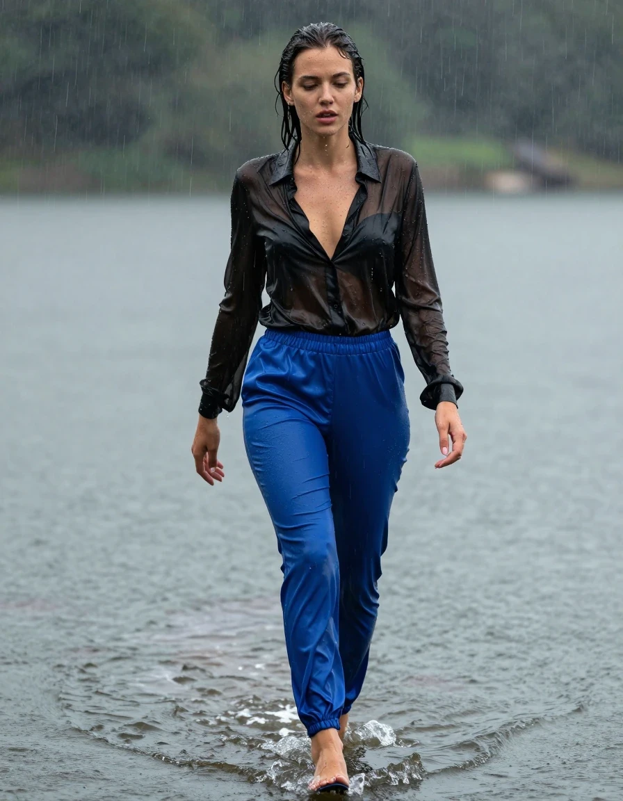 photo of young woman, in soaking wet, drenched clothes,
high-heels, blue silk pants, see-through, black silk blouse, no underwear, see-through, walking in the lake, 
enjoying, wet clothes stuck to body,
detailed textures of the wet clothes, wet face, wet plastered hair,
wet, drenched, professional, high-quality details, full body view.
sharp focus, ultra-high pixel detail, realistic, high-quality, full colors, incredibly detailed, 4k, 8k, 16k, hyper-realistic, RAW photo, masterpiece, ultra-detailed, professionally color graded, professional photograph, heavy rain, completely soaked, drenched, dripping wet, wet skin, wet clothes, damp fabric