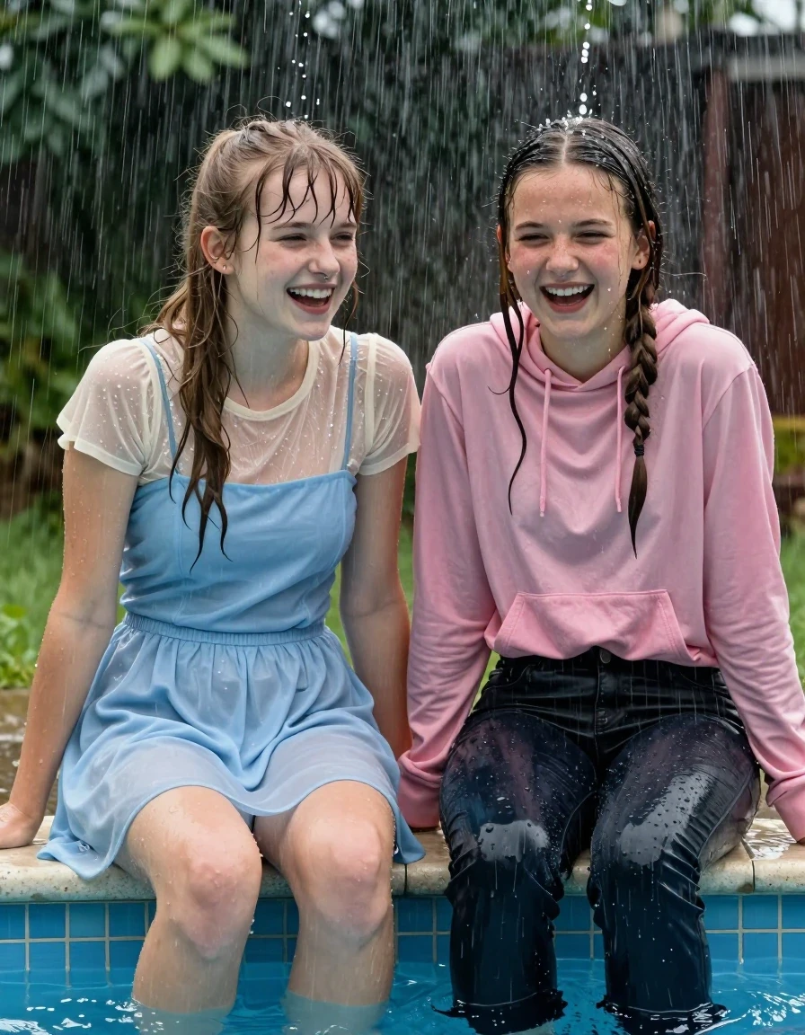 photo of young woman, in soaking wet, drenched clothes,
, , casual wear, 2 girls sitting on the edge of the pool while it pours water on them during a heavy storm, 
enjoying, wet clothes stuck to body,
detailed textures of the wet clothes, wet face, wet plastered hair,
wet, drenched, professional, high-quality details, full body view.
sharp focus, ultra-high pixel detail, realistic, high-quality, full colors, incredibly detailed, 4k, 8k, 16k, hyper-realistic, RAW photo, masterpiece, ultra-detailed, professionally color graded, professional photograph, 2 small college girls both having fun together. both similar age, a nineteen year old girl, a She has a wide square young face a very small chest, she is a pale brunette with a ponytail and bangs and a septum piercing, She is full of youthful energy, she is wearing a cream short sleeve see through sparkly undershirt underneath her formal thick pale blue strapless dress
 her dress has a flat front with a wider base.  Her friend has dark blonde hair, she is wearing a pink long sleeve top with a hood and front pockets and dark wide jeans, her clothes darken from the water. She has a wide square face,, wet skin, wet clothes, damp fabric, wet skin, wet clothes, damp fabric, wet skin, wet clothes, damp fabric, wet skin, wet clothes, damp fabric, wet skin, wet clothes, damp fabric, wet skin, wet clothes, damp fabric, wet skin, wet clothes, damp fabric