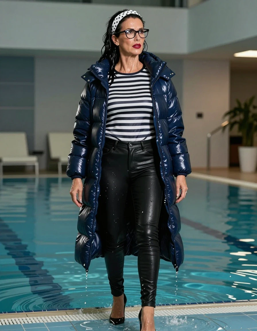 photo of young woman, in soaking wet, drenched clothes,
high-heeled shoes, long black shiny tight leather jeans, long black & white striped shiny shirt, maxi dark blue shiny down jacket, standing complete submerged under the water of the indoor pool, 
enjoying, wet clothes stuck to body,
detailed textures of the wet clothes, wet face, wet plastered hair,
wet, drenched, professional, high-quality details, full body view.
sharp focus, ultra-high pixel detail, realistic, high-quality, full colors, incredibly detailed, 4k, 8k, 16k, hyper-realistic, RAW photo, masterpiece, ultra-detailed, professionally color graded, professional photograph, europen brunette skinny woman 50 years old, long dark black hair, white polka-dot headband, office glasses, very big and thick lips, complete body, wet skin, wet clothes, damp fabric, wet skin, wet clothes, damp fabric, wet skin, wet clothes, damp fabric, wet skin, wet clothes, damp fabric, wet skin, wet clothes, damp fabric, wet skin, wet clothes, damp fabric, wet skin, wet clothes, damp fabric