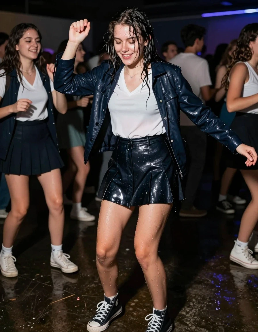 photo of young woman, in soaking wet, drenched clothes,
Shoes, Skirt, Blouse and jacket, Student party, 
enjoying, wet clothes stuck to body,
detailed textures of the wet clothes, wet face, wet plastered hair,
wet, drenched, professional, high-quality details, full body view.
sharp focus, ultra-high pixel detail, realistic, high-quality, full colors, incredibly detailed, 4k, 8k, 16k, hyper-realistic, RAW photo, masterpiece, ultra-detailed, professionally color graded, professional photograph, Dancing and smiling, wet skin, wet clothes, damp fabric