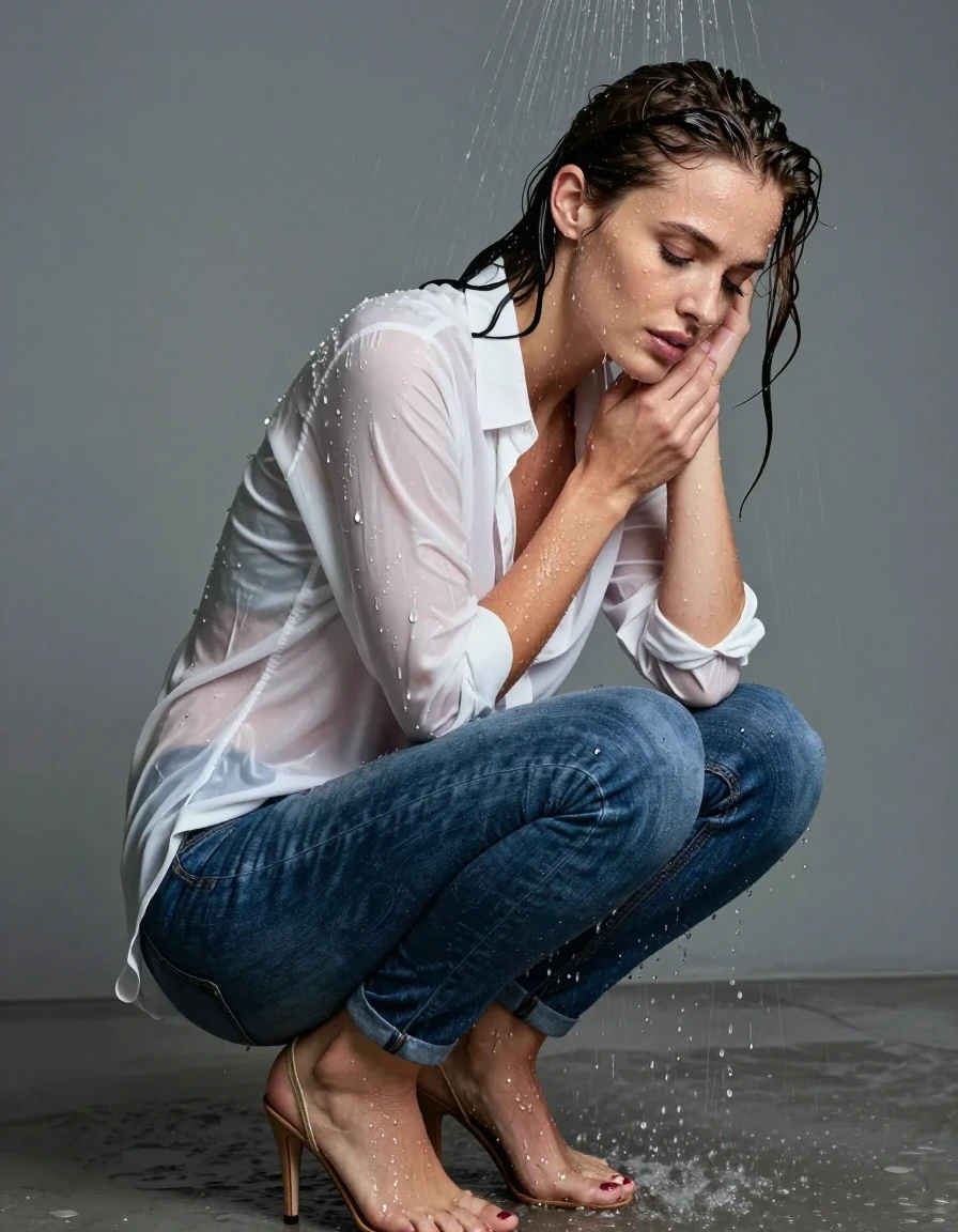 photo of young woman, in soaking wet, drenched clothes,
high-heels, blue jeans, white blouse, shower, 
enjoying, wet clothes stuck to body,
detailed textures of the wet clothes, wet face, wet plastered hair,
wet, drenched, professional, high-quality details, full body view.
sharp focus, ultra-high pixel detail, realistic, high-quality, full colors, incredibly detailed, 4k, 8k, 16k, hyper-realistic, RAW photo, masterpiece, ultra-detailed, professionally color graded, professional photograph, wet skin, wet clothes, damp fabric