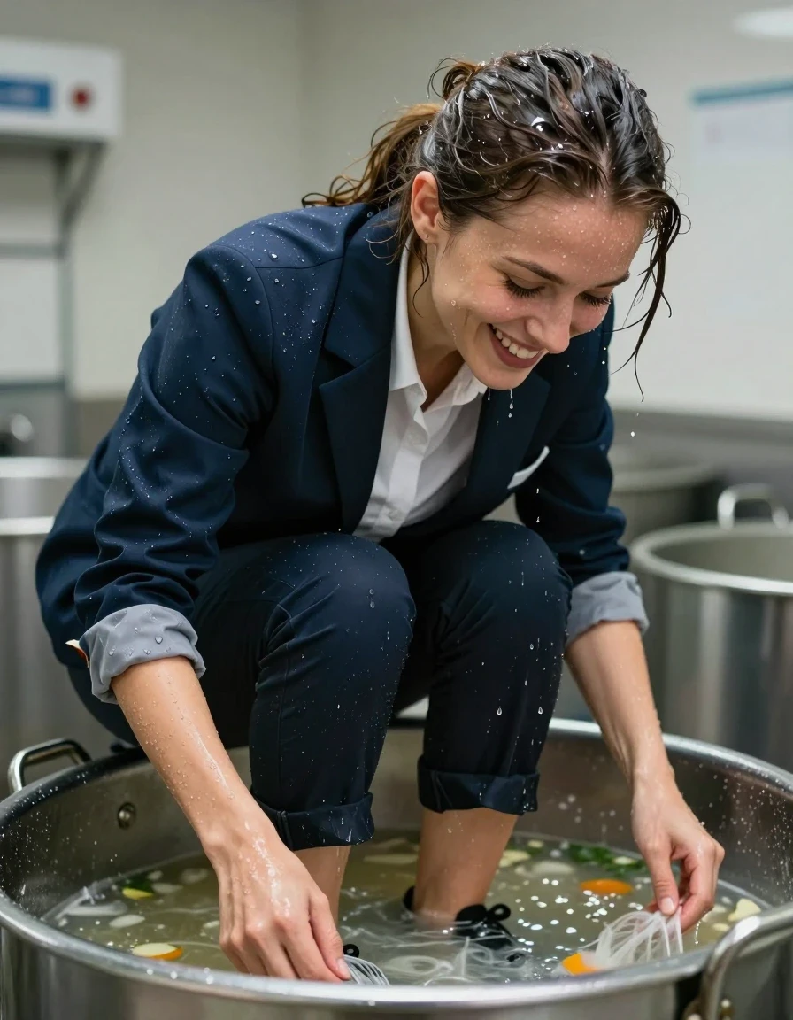 photo of young woman, in soaking wet, drenched clothes,
Shoes, Office trousers or skirt, Office shirt and jacket, In a soup tank, 
enjoying, wet clothes stuck to body,
detailed textures of the wet clothes, wet face, wet plastered hair,
wet, drenched, professional, high-quality details, full body view.
sharp focus, ultra-high pixel detail, realistic, high-quality, full colors, incredibly detailed, 4k, 8k, 16k, hyper-realistic, RAW photo, masterpiece, ultra-detailed, professionally color graded, professional photograph, Covered with soup, laughing, wet skin, wet clothes, damp fabric