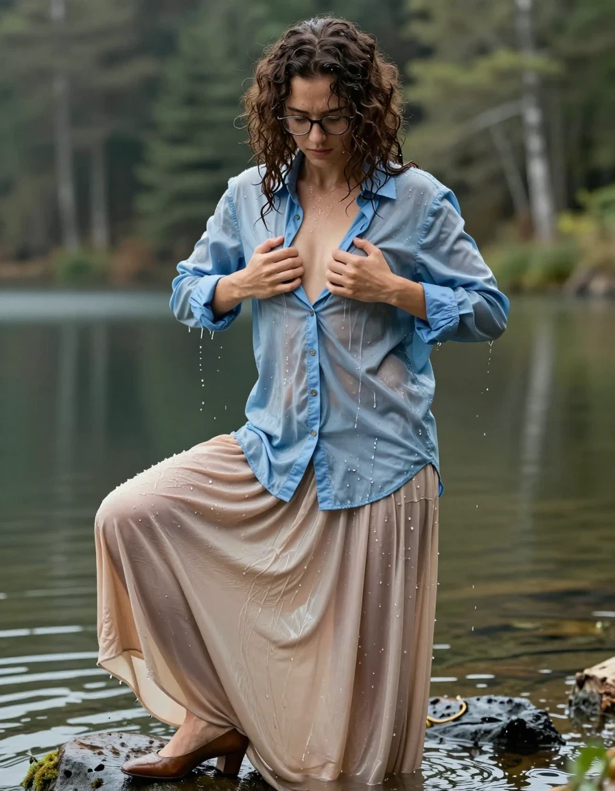 photo of young woman, in soaking wet, drenched clothes,
court shoes, beige floor-length excessively long skirt, nylon unbuttoned oversized long-sleeved buttoned-down light blue shirt, forest lake, 
enjoying, wet clothes stuck to body,
detailed textures of the wet clothes, wet face, wet plastered hair,
wet, drenched, professional, high-quality details, full body view.
sharp focus, ultra-high pixel detail, realistic, high-quality, full colors, incredibly detailed, 4k, 8k, 16k, hyper-realistic, RAW photo, masterpiece, ultra-detailed, professionally color graded, professional photograph, brunette european curly hair with glasses, massaging her breasts, wet skin, wet clothes, damp fabric
