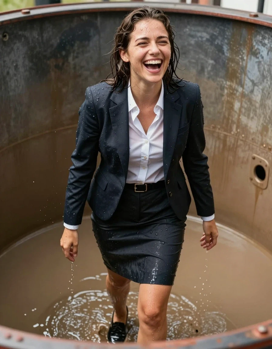 photo of young woman, in soaking wet, drenched clothes,
Shoes, Office trousers or skirt, Office shirt and jacket, In a gunge tank, 
enjoying, wet clothes stuck to body,
detailed textures of the wet clothes, wet face, wet plastered hair,
wet, drenched, professional, high-quality details, full body view.
sharp focus, ultra-high pixel detail, realistic, high-quality, full colors, incredibly detailed, 4k, 8k, 16k, hyper-realistic, RAW photo, masterpiece, ultra-detailed, professionally color graded, professional photograph, Laughing, wet skin, wet clothes, damp fabric