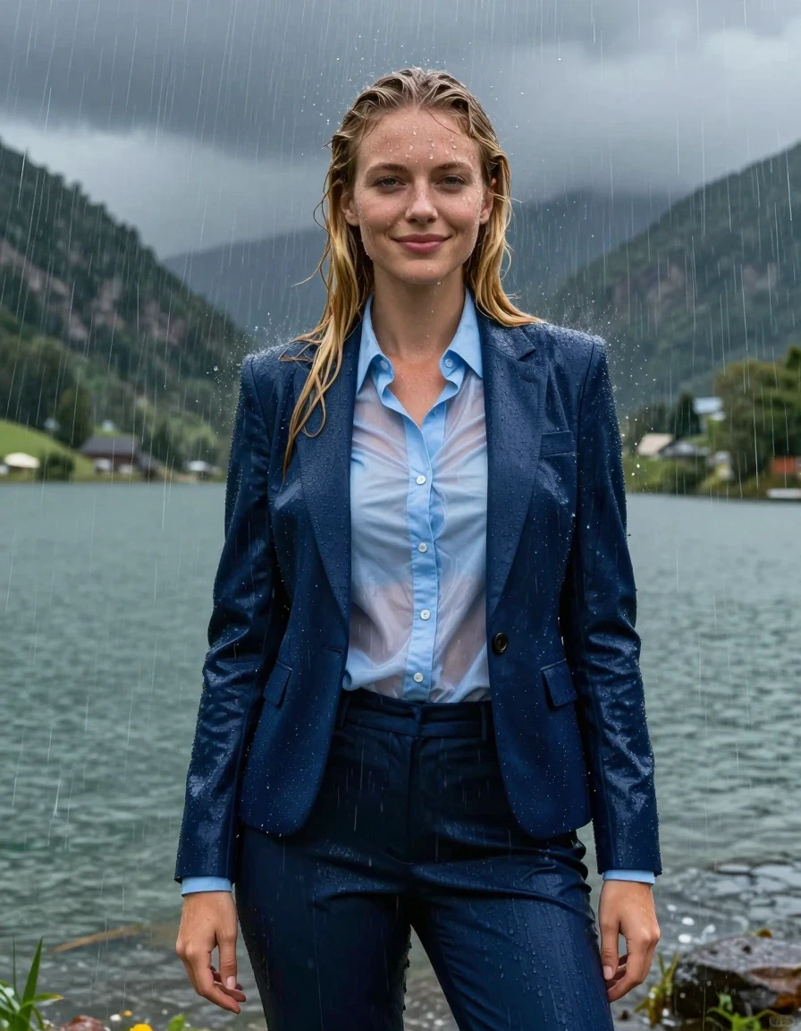 A photorealistic full-body shot of a young European woman with long layered blonde hair in a side parting, standing in a mountain lake during a heavy rainstorm. She is fully clothed in a dark blue business suit jacket worn over a light blue button-down long-sleeve shirt with a popped-up collar, and dark blue business suit trousers. The clothing is completely soaked, drenched, and clinging to her body, with the light blue shirt becoming translucent from the heavy rain. Her skin and hair are glistening with water, showcasing a realistic wetlook. She is smiling softly with open eyes, showering under the intense rain. The environment is a dramatic mountain lake landscape under a dark, stormy sky. The lighting highlights the wet skin, damp fabric textures, and heavy water sheen. 4k resolution, highly detailed, cinematic photography, sharp focus on the water droplets and saturated, clinging clothing.