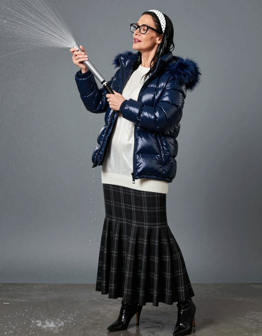 photo of young woman, in soaking wet, drenched clothes,
high-heeled boots, maxi black flared plaid skirt, long white shiny sweater,  maxi dark blue shiny winter down jacket with fur, spraying his clothes with the shower, after bath, 
enjoying, wet clothes stuck to body,
detailed textures of the wet clothes, wet face, wet plastered hair,
wet, drenched, professional, high-quality details, full body view.
sharp focus, ultra-high pixel detail, realistic, high-quality, full colors, incredibly detailed, 4k, 8k, 16k, hyper-realistic, RAW photo, masterpiece, ultra-detailed, professionally color graded, professional photograph, europen brunette skinny woman 50 years old, long dark black hair, white polka-dot headband, office glasses, very big and thick lips, complete body, wet skin, wet clothes, damp fabric, wet skin, wet clothes, damp fabric, wet skin, wet clothes, damp fabric, wet skin, wet clothes, damp fabric, wet skin, wet clothes, damp fabric, wet skin, wet clothes, damp fabric, wet skin, wet clothes, damp fabric