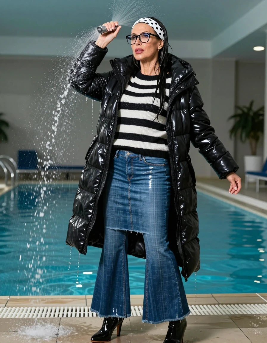 photo of young woman, in soaking wet, drenched clothes,
high-heeled boots, maxi blue shiny flared plaid denim skirt, long black & white striped shiny sweater, maxi black down jacket, after bath in indoor swiming pool, spraying his clothes with the shower, after bath, 
enjoying, wet clothes stuck to body,
detailed textures of the wet clothes, wet face, wet plastered hair,
wet, drenched, professional, high-quality details, full body view.
sharp focus, ultra-high pixel detail, realistic, high-quality, full colors, incredibly detailed, 4k, 8k, 16k, hyper-realistic, RAW photo, masterpiece, ultra-detailed, professionally color graded, professional photograph, europen brunette skinny woman 50 years old, long dark black hair, white polka-dot headband, office glasses, very big and thick lips, complete body, wet skin, wet clothes, damp fabric, wet skin, wet clothes, damp fabric, wet skin, wet clothes, damp fabric, wet skin, wet clothes, damp fabric, wet skin, wet clothes, damp fabric, wet skin, wet clothes, damp fabric, wet skin, wet clothes, damp fabric