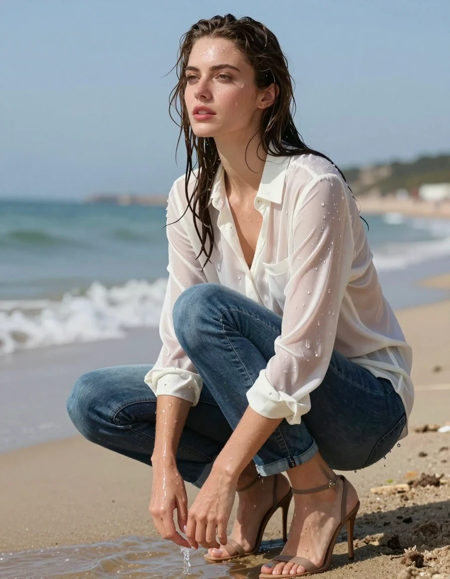 photo of young woman, in soaking wet, drenched clothes,
high-heels, blue jeans, white silk blouse, beach, 
enjoying, wet clothes stuck to body,
detailed textures of the wet clothes, wet face, wet plastered hair,
wet, drenched, professional, high-quality details, full body view.
sharp focus, ultra-high pixel detail, realistic, high-quality, full colors, incredibly detailed, 4k, 8k, 16k, hyper-realistic, RAW photo, masterpiece, ultra-detailed, professionally color graded, professional photograph, wet skin, wet clothes, damp fabric