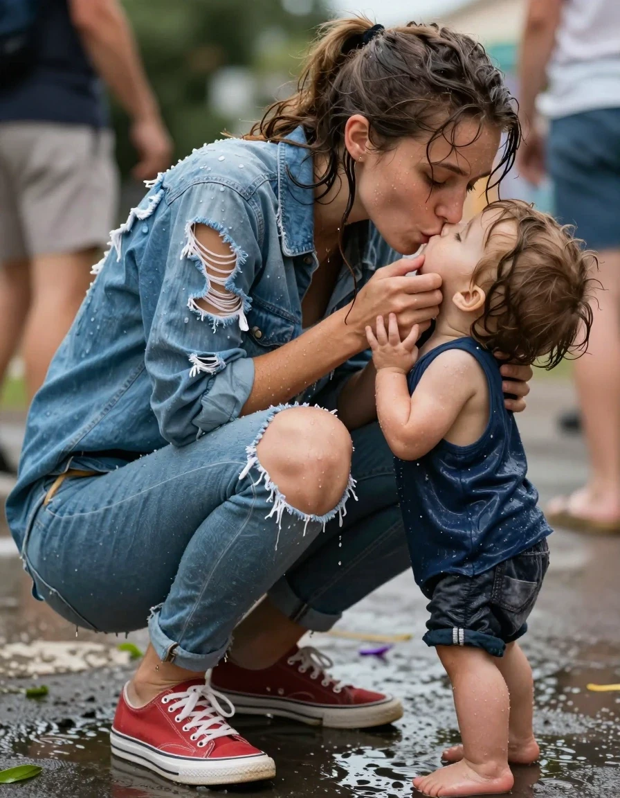 photo of young woman, in soaking wet, drenched clothes,
Shoes, Ripped trousers , Ripped blue blouse, Party, 
enjoying, wet clothes stuck to body,
detailed textures of the wet clothes, wet face, wet plastered hair,
wet, drenched, professional, high-quality details, full body view.
sharp focus, ultra-high pixel detail, realistic, high-quality, full colors, incredibly detailed, 4k, 8k, 16k, hyper-realistic, RAW photo, masterpiece, ultra-detailed, professionally color graded, professional photograph, Kissing two children, wet skin, wet clothes, damp fabric