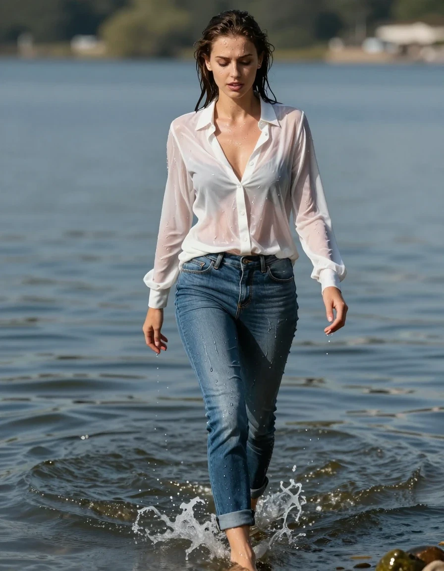 photo of young woman, in soaking wet, drenched clothes,
high-heels, blue jeans, white silk blouse, no underwear, see-through, walking in the lake, 
enjoying, wet clothes stuck to body,
detailed textures of the wet clothes, wet face, wet plastered hair,
wet, drenched, professional, high-quality details, full body view.
sharp focus, ultra-high pixel detail, realistic, high-quality, full colors, incredibly detailed, 4k, 8k, 16k, hyper-realistic, RAW photo, masterpiece, ultra-detailed, professionally color graded, professional photograph, completely soaked, drenched, dripping wet, wet skin, wet clothes, damp fabric