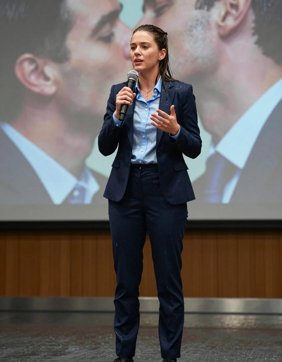 photo of young woman, in soaking wet, drenched clothes,
Shoes , Office trousers or skirt, Blue shirt and jacket, Speech in conference, 
enjoying, wet clothes stuck to body,
detailed textures of the wet clothes, wet face, wet plastered hair,
wet, drenched, professional, high-quality details, full body view.
sharp focus, ultra-high pixel detail, realistic, high-quality, full colors, incredibly detailed, 4k, 8k, 16k, hyper-realistic, RAW photo, masterpiece, ultra-detailed, professionally color graded, professional photograph, Teenager kissing man., wet skin, wet clothes, damp fabric
