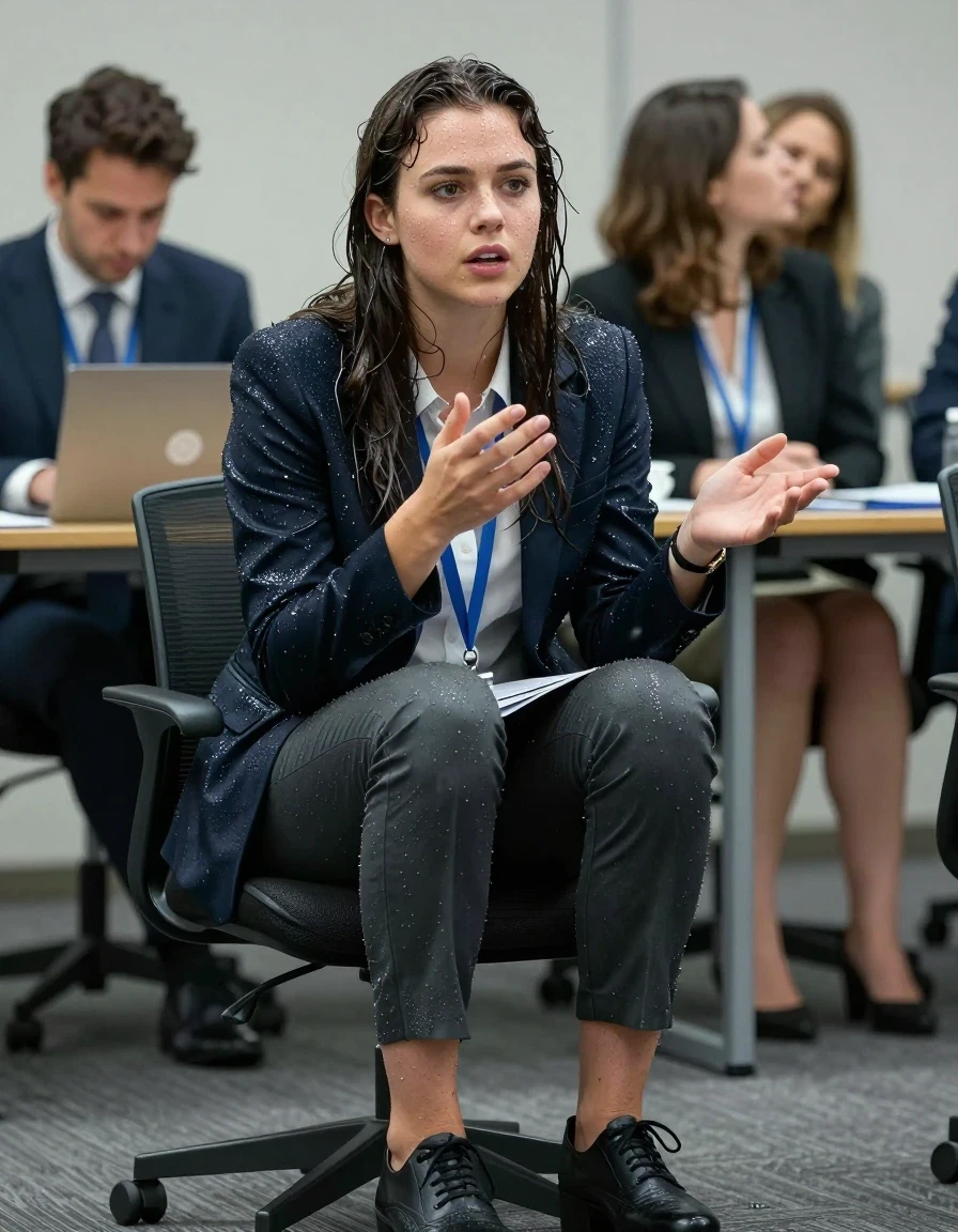 photo of young woman, in soaking wet, drenched clothes,
Shoes , Office trousers or skirt, Jacket, Speech in conference, 
enjoying, wet clothes stuck to body,
detailed textures of the wet clothes, wet face, wet plastered hair,
wet, drenched, professional, high-quality details, full body view.
sharp focus, ultra-high pixel detail, realistic, high-quality, full colors, incredibly detailed, 4k, 8k, 16k, hyper-realistic, RAW photo, masterpiece, ultra-detailed, professionally color graded, professional photograph, Teenager kissing boss., wet skin, wet clothes, damp fabric