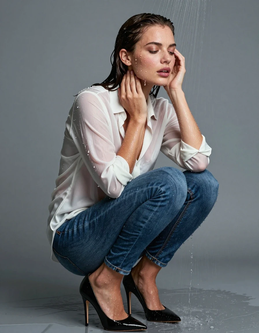 photo of young woman, in soaking wet, drenched clothes,
high-heels, blue jeans, white silk blouse, shower, 
enjoying, wet clothes stuck to body,
detailed textures of the wet clothes, wet face, wet plastered hair,
wet, drenched, professional, high-quality details, full body view.
sharp focus, ultra-high pixel detail, realistic, high-quality, full colors, incredibly detailed, 4k, 8k, 16k, hyper-realistic, RAW photo, masterpiece, ultra-detailed, professionally color graded, professional photograph, wet skin, wet clothes, damp fabric