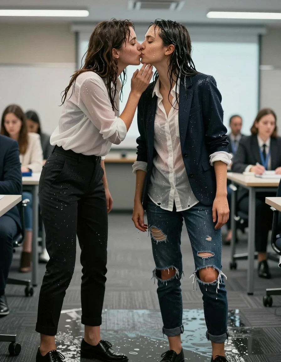 photo of young woman, in soaking wet, drenched clothes,
Shoes, Ripped office trousers, Ripped office shirt and ripped jacket, Office seminar, 
enjoying, wet clothes stuck to body,
detailed textures of the wet clothes, wet face, wet plastered hair,
wet, drenched, professional, high-quality details, full body view.
sharp focus, ultra-high pixel detail, realistic, high-quality, full colors, incredibly detailed, 4k, 8k, 16k, hyper-realistic, RAW photo, masterpiece, ultra-detailed, professionally color graded, professional photograph, Kissing a colleague, wet skin, wet clothes, damp fabric