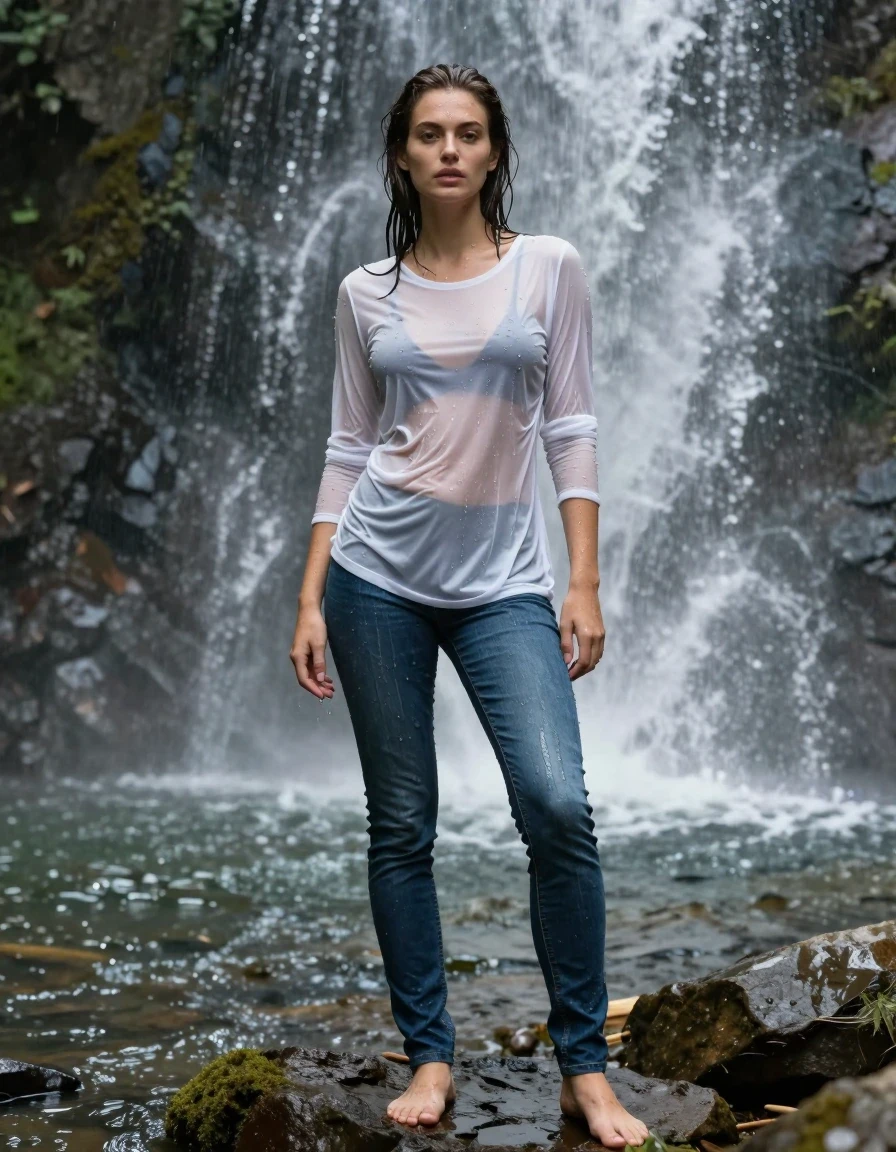 photo of young woman, in soaking wet, drenched clothes,
Barefoot , Bootcut jeans , fully saturated , Long-sleeved T-shirts , Desert waterfall , 
enjoying, wet clothes stuck to body,
detailed textures of the wet clothes, wet face, wet plastered hair,
wet, drenched, professional, high-quality details, full body view.
sharp focus, ultra-high pixel detail, realistic, high-quality, full colors, incredibly detailed, 4k, 8k, 16k, hyper-realistic, RAW photo, masterpiece, ultra-detailed, professionally color graded, professional photograph, wet skin, wet clothes, damp fabric
