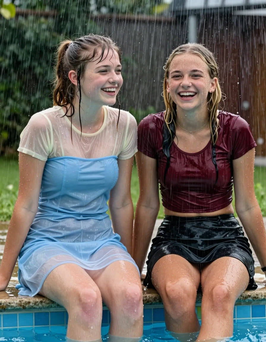 photo of young woman, in soaking wet, drenched clothes,
, , casual wear, 2 girls sitting on the edge of the pool while it pours water on them during a heavy storm, 
enjoying, wet clothes stuck to body,
detailed textures of the wet clothes, wet face, wet plastered hair,
wet, drenched, professional, high-quality details, full body view.
sharp focus, ultra-high pixel detail, realistic, high-quality, full colors, incredibly detailed, 4k, 8k, 16k, hyper-realistic, RAW photo, masterpiece, ultra-detailed, professionally color graded, professional photograph, 2 small college girls both having fun together. both similar age, a nineteen year old girl, a She has a wide square young face a very small chest, she is a pale brunette with a ponytail and bangs and a septum piercing, She is full of youthful energy, she is wearing a cream short sleeve see through sparkly undershirt underneath her formal thick pale blue strapless dress
 her dress has a flat front with a wider base.  Her friend has dark blonde hair, she is wearing a fitted maroon crop top and a black skirt, her clothes darken from the water. She has a wide square face,, wet skin, wet clothes, damp fabric, wet skin, wet clothes, damp fabric, wet skin, wet clothes, damp fabric, wet skin, wet clothes, damp fabric, wet skin, wet clothes, damp fabric, wet skin, wet clothes, damp fabric, wet skin, wet clothes, damp fabric, wet skin, wet clothes, damp fabric