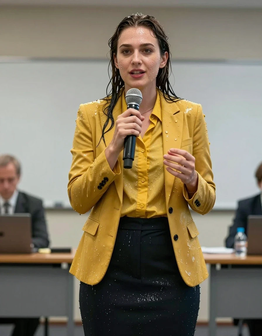 photo of young woman, in soaking wet, drenched clothes,
Shoes , Office trousers or skirt, Yellow shirt and jacket, Speech in conference, 
enjoying, wet clothes stuck to body,
detailed textures of the wet clothes, wet face, wet plastered hair,
wet, drenched, professional, high-quality details, full body view.
sharp focus, ultra-high pixel detail, realistic, high-quality, full colors, incredibly detailed, 4k, 8k, 16k, hyper-realistic, RAW photo, masterpiece, ultra-detailed, professionally color graded, professional photograph, Teenager smiling., wet skin, wet clothes, damp fabric
