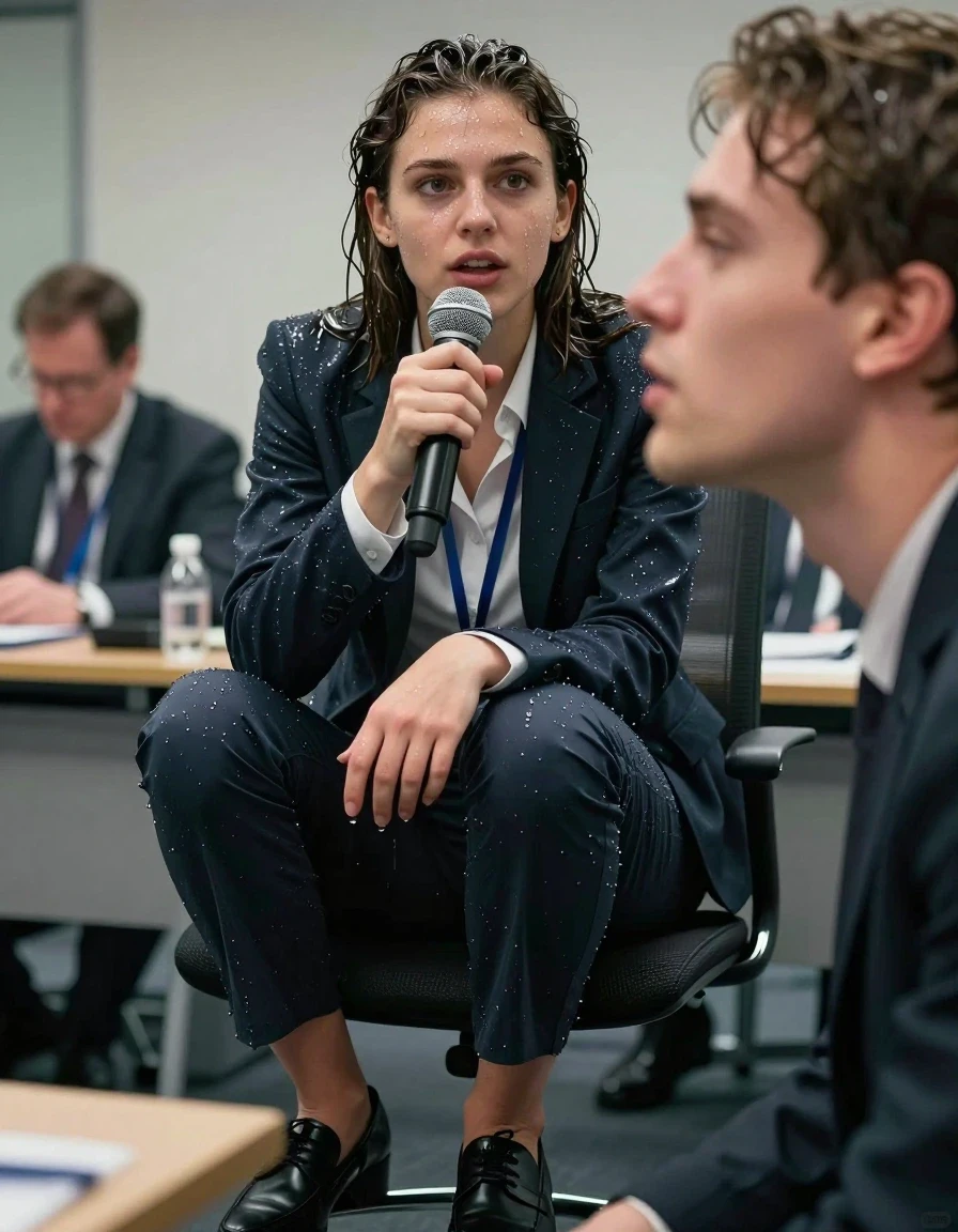 photo of young woman, in soaking wet, drenched clothes,
Shoes , Office trousers or skirt, Shirt and jacket, Speech in conference, 
enjoying, wet clothes stuck to body,
detailed textures of the wet clothes, wet face, wet plastered hair,
wet, drenched, professional, high-quality details, full body view.
sharp focus, ultra-high pixel detail, realistic, high-quality, full colors, incredibly detailed, 4k, 8k, 16k, hyper-realistic, RAW photo, masterpiece, ultra-detailed, professionally color graded, professional photograph, Teenager kissing man., wet skin, wet clothes, damp fabric