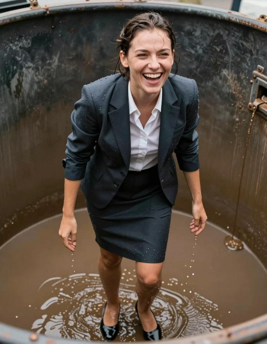 photo of young woman, in soaking wet, drenched clothes,
Shoes, Office trousers or skirt, Office shirt and jacket, In a gunge tank, 
enjoying, wet clothes stuck to body,
detailed textures of the wet clothes, wet face, wet plastered hair,
wet, drenched, professional, high-quality details, full body view.
sharp focus, ultra-high pixel detail, realistic, high-quality, full colors, incredibly detailed, 4k, 8k, 16k, hyper-realistic, RAW photo, masterpiece, ultra-detailed, professionally color graded, professional photograph, Covered with gunge, laughing, wet skin, wet clothes, damp fabric