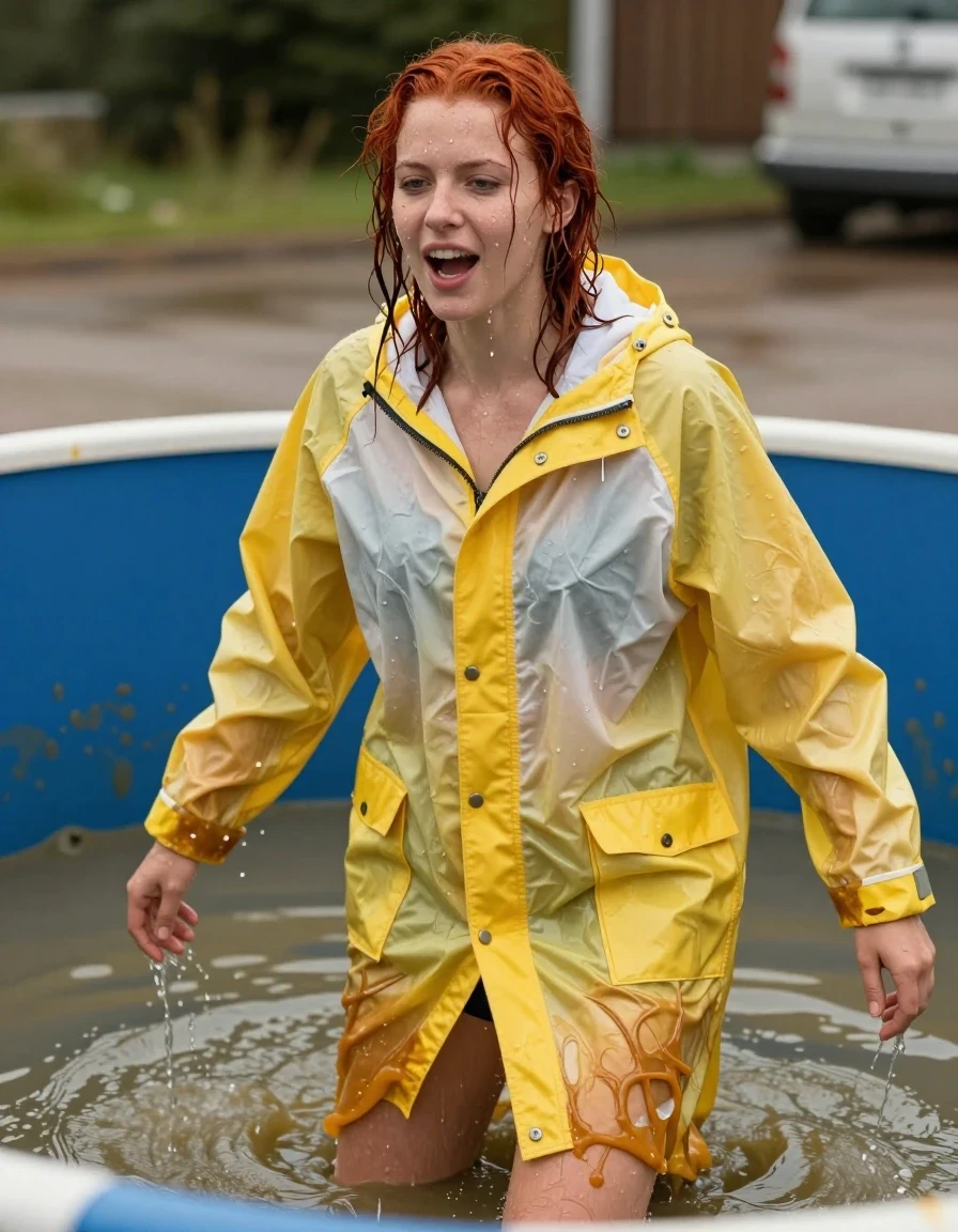 photo of young woman, in soaking wet, drenched clothes,
No socks , No underwear , Yellow and white long thin  oversized trespass ultralight weight rainjacket. , In the dunk tank soaking wet covered in slime  . She just emerged from the slime soaking wet , 
enjoying, wet clothes stuck to body,
detailed textures of the wet clothes, wet face, wet plastered hair,
wet, drenched, professional, high-quality details, full body view.
sharp focus, ultra-high pixel detail, realistic, high-quality, full colors, incredibly detailed, 4k, 8k, 16k, hyper-realistic, RAW photo, masterpiece, ultra-detailed, professionally color graded, professional photograph, Her  red  hair is soaking wet .  Her clothes are soaking wet . She's very aroused and happy, wet skin, wet clothes, damp fabric