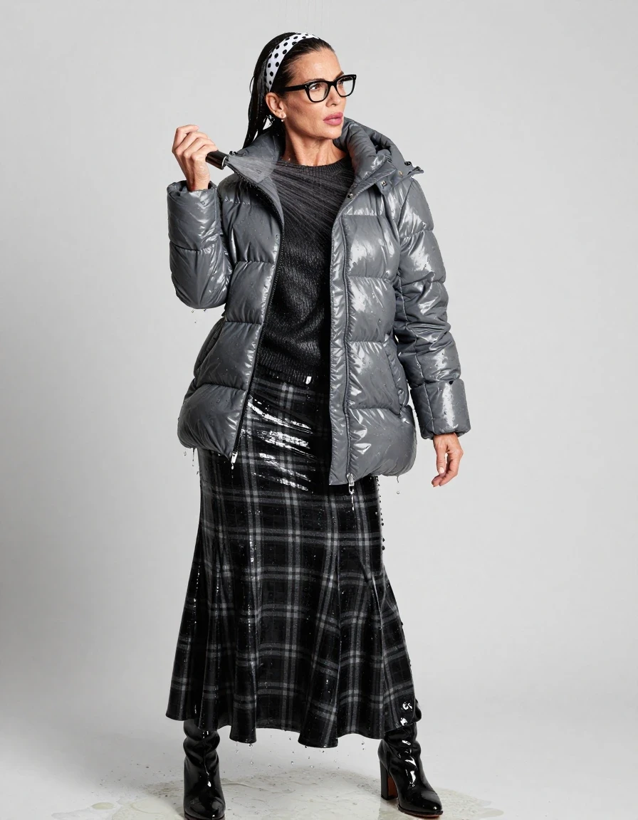 photo of young woman, in soaking wet, drenched clothes,
high-heeled boots, maxi black shiny flared plaid skirt, long black shiny sweater,  maxi gray shiny down jacket, spraying his clothes with the shower, after bath, 
enjoying, wet clothes stuck to body,
detailed textures of the wet clothes, wet face, wet plastered hair,
wet, drenched, professional, high-quality details, full body view.
sharp focus, ultra-high pixel detail, realistic, high-quality, full colors, incredibly detailed, 4k, 8k, 16k, hyper-realistic, RAW photo, masterpiece, ultra-detailed, professionally color graded, professional photograph, europen brunette skinny woman 50 years old, long dark black hair, white polka-dot headband, office glasses, very big and thick lips, complete body, wet skin, wet clothes, damp fabric, wet skin, wet clothes, damp fabric, wet skin, wet clothes, damp fabric, wet skin, wet clothes, damp fabric, wet skin, wet clothes, damp fabric, wet skin, wet clothes, damp fabric, wet skin, wet clothes, damp fabric
