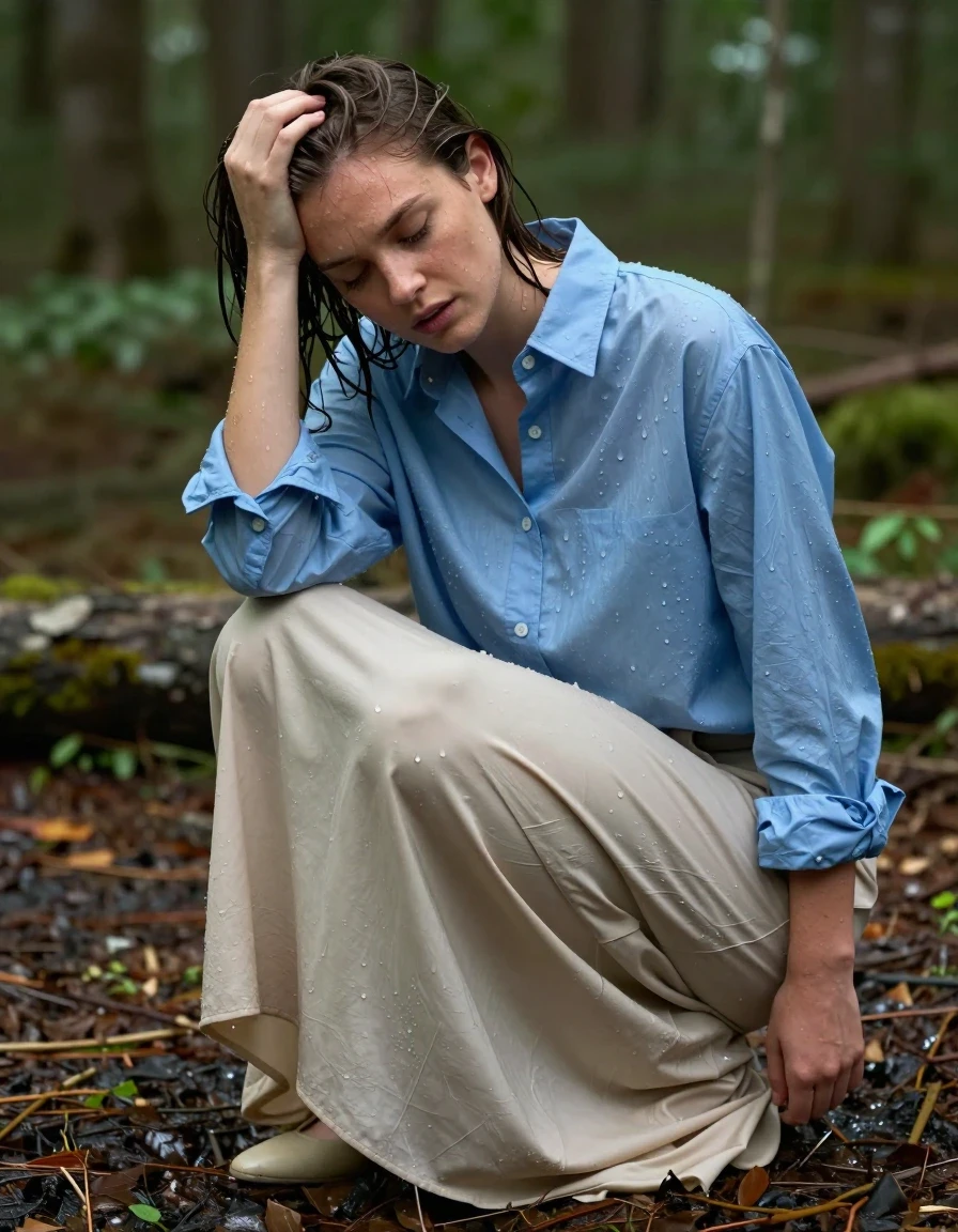 photo of young woman, in soaking wet, drenched clothes,
court shoes, beige floor-length excessively long skirt, oversized long-sleeved buttoned-down light blue shirt, forest, 
enjoying, wet clothes stuck to body,
detailed textures of the wet clothes, wet face, wet plastered hair,
wet, drenched, professional, high-quality details, full body view.
sharp focus, ultra-high pixel detail, realistic, high-quality, full colors, incredibly detailed, 4k, 8k, 16k, hyper-realistic, RAW photo, masterpiece, ultra-detailed, professionally color graded, professional photograph, letting herself get soaked, relieves stress, wet skin, wet clothes, damp fabric