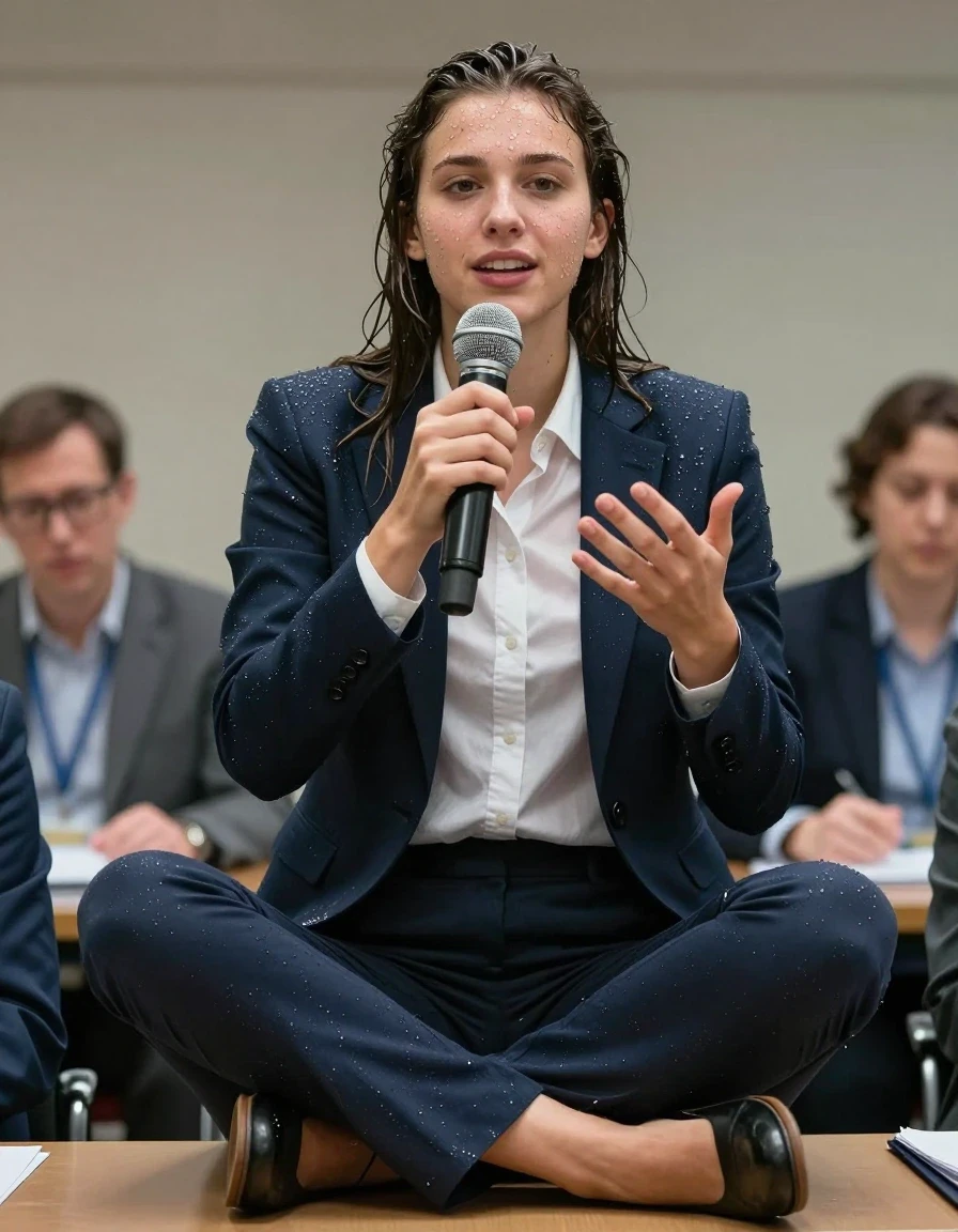 photo of young woman, in soaking wet, drenched clothes,
Shoes , Office trousers or skirt, Shirt and and jacket, Speech in conference, 
enjoying, wet clothes stuck to body,
detailed textures of the wet clothes, wet face, wet plastered hair,
wet, drenched, professional, high-quality details, full body view.
sharp focus, ultra-high pixel detail, realistic, high-quality, full colors, incredibly detailed, 4k, 8k, 16k, hyper-realistic, RAW photo, masterpiece, ultra-detailed, professionally color graded, professional photograph, Teenager smiling, wet skin, wet clothes, damp fabric