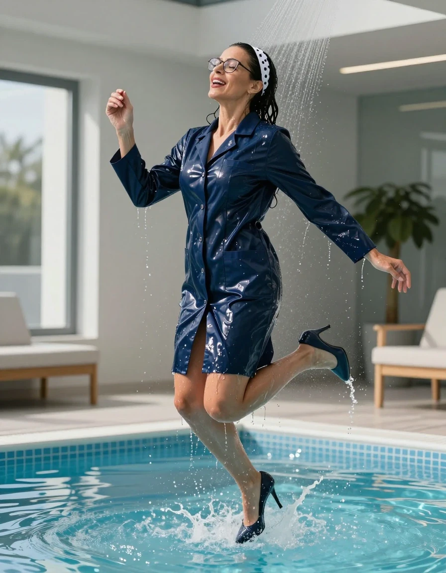 photo of young woman, in soaking wet, drenched clothes,
high-heeled shoes, maxi dark blue shiny labcoat , maxi dark blue shiny labcoat , jumping in the sunny indoor pool, spraying his clothes with the shower, after bath, 
enjoying, wet clothes stuck to body,
detailed textures of the wet clothes, wet face, wet plastered hair,
wet, drenched, professional, high-quality details, full body view.
sharp focus, ultra-high pixel detail, realistic, high-quality, full colors, incredibly detailed, 4k, 8k, 16k, hyper-realistic, RAW photo, masterpiece, ultra-detailed, professionally color graded, professional photograph, europen brunette skinny woman 50 years old, long dark black hair, white polka-dot headband, office glasses, very big and thick lips, complete body, wet skin, wet clothes, damp fabric, wet skin, wet clothes, damp fabric, wet skin, wet clothes, damp fabric, wet skin, wet clothes, damp fabric, wet skin, wet clothes, damp fabric, wet skin, wet clothes, damp fabric, wet skin, wet clothes, damp fabric