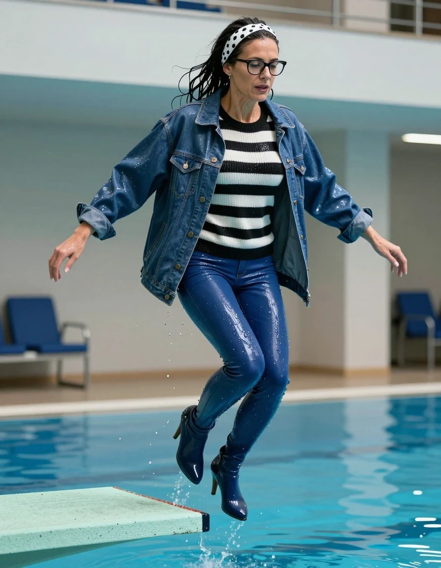 photo of young woman, in soaking wet, drenched clothes,
high-heeled boots, long blue shiny tight jeans, long black & white striped shiny sweater, maxi blue shiny denim jacker, jumping from the diving board into the water of the indoor pool, 
enjoying, wet clothes stuck to body,
detailed textures of the wet clothes, wet face, wet plastered hair,
wet, drenched, professional, high-quality details, full body view.
sharp focus, ultra-high pixel detail, realistic, high-quality, full colors, incredibly detailed, 4k, 8k, 16k, hyper-realistic, RAW photo, masterpiece, ultra-detailed, professionally color graded, professional photograph, europen brunette skinny woman 50 years old, long dark black hair, white polka-dot headband, office glasses, very big and thick lips, complete body, wet skin, wet clothes, damp fabric, wet skin, wet clothes, damp fabric, wet skin, wet clothes, damp fabric, wet skin, wet clothes, damp fabric, wet skin, wet clothes, damp fabric, wet skin, wet clothes, damp fabric, wet skin, wet clothes, damp fabric