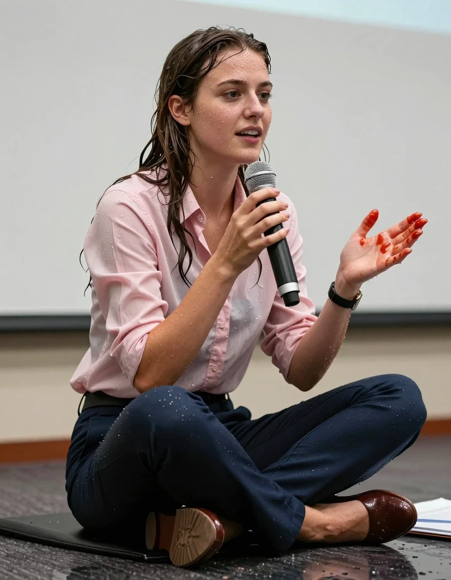 photo of young woman, in soaking wet, drenched clothes,
Shoes , Office trousers or skirt, Pink shirt, Speech in conference, 
enjoying, wet clothes stuck to body,
detailed textures of the wet clothes, wet face, wet plastered hair,
wet, drenched, professional, high-quality details, full body view.
sharp focus, ultra-high pixel detail, realistic, high-quality, full colors, incredibly detailed, 4k, 8k, 16k, hyper-realistic, RAW photo, masterpiece, ultra-detailed, professionally color graded, professional photograph, Teenager smiling and covered with tomate sauce., wet skin, wet clothes, damp fabric