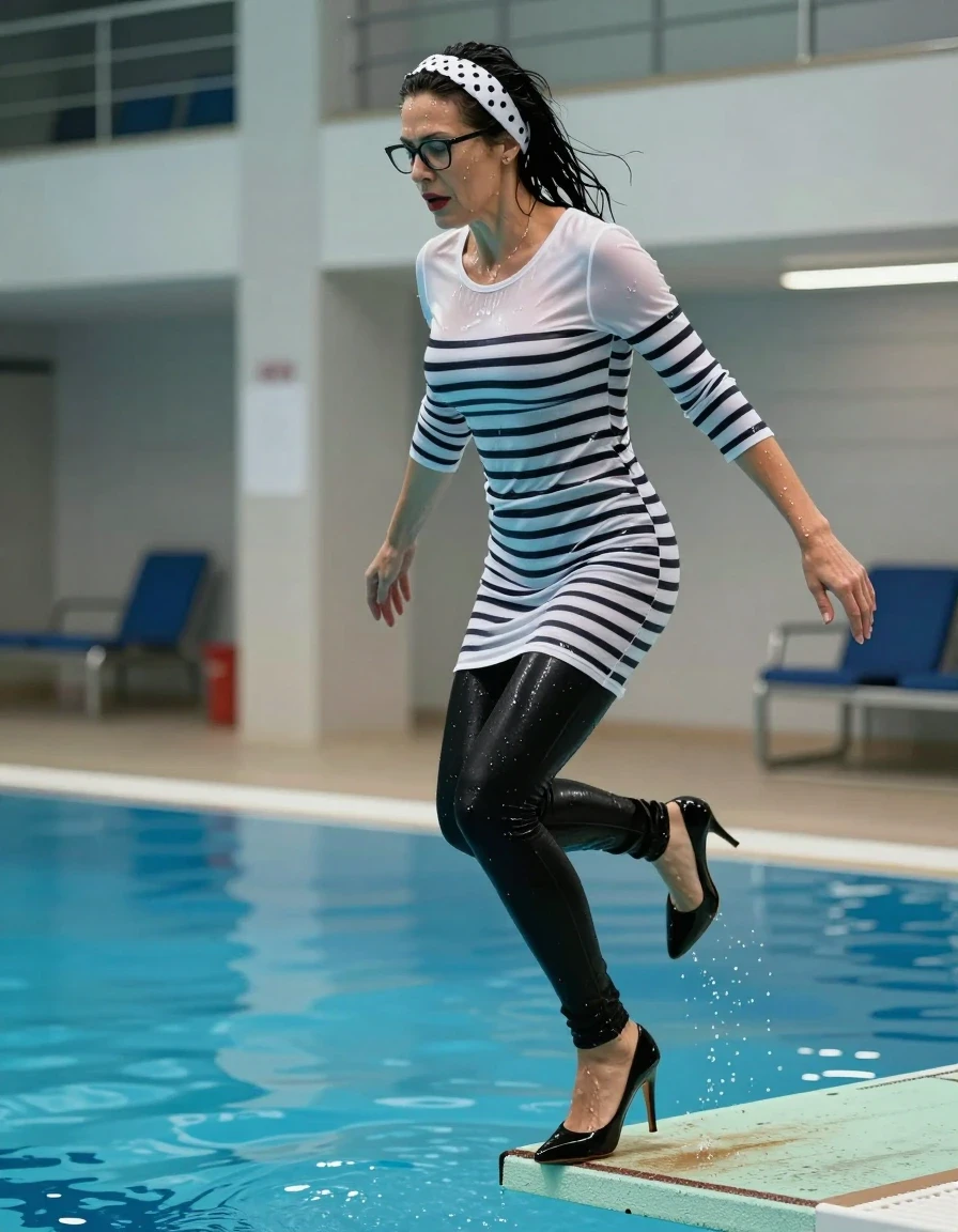 photo of young woman, in soaking wet, drenched clothes,
high-heeled shoes, long black shiny tight jeans, long shiny white & black striped t-shirt dress with long sleeves, jumping from the diving board into the water of the indoor pool, 
enjoying, wet clothes stuck to body,
detailed textures of the wet clothes, wet face, wet plastered hair,
wet, drenched, professional, high-quality details, full body view.
sharp focus, ultra-high pixel detail, realistic, high-quality, full colors, incredibly detailed, 4k, 8k, 16k, hyper-realistic, RAW photo, masterpiece, ultra-detailed, professionally color graded, professional photograph, europen brunette skinny woman 50 years old, long dark black hair, white polka-dot headband, office glasses, very big and thick lips, complete body, wet skin, wet clothes, damp fabric, wet skin, wet clothes, damp fabric, wet skin, wet clothes, damp fabric, wet skin, wet clothes, damp fabric, wet skin, wet clothes, damp fabric, wet skin, wet clothes, damp fabric, wet skin, wet clothes, damp fabric