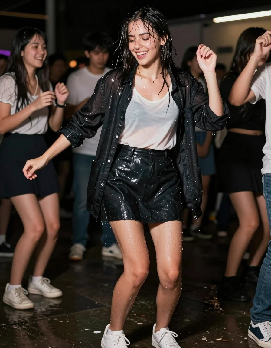 photo of young woman, in soaking wet, drenched clothes,
Shoes, Skirt, Blouse and jacket, Student party, 
enjoying, wet clothes stuck to body,
detailed textures of the wet clothes, wet face, wet plastered hair,
wet, drenched, professional, high-quality details, full body view.
sharp focus, ultra-high pixel detail, realistic, high-quality, full colors, incredibly detailed, 4k, 8k, 16k, hyper-realistic, RAW photo, masterpiece, ultra-detailed, professionally color graded, professional photograph, Dancing and smiling, wet skin, wet clothes, damp fabric