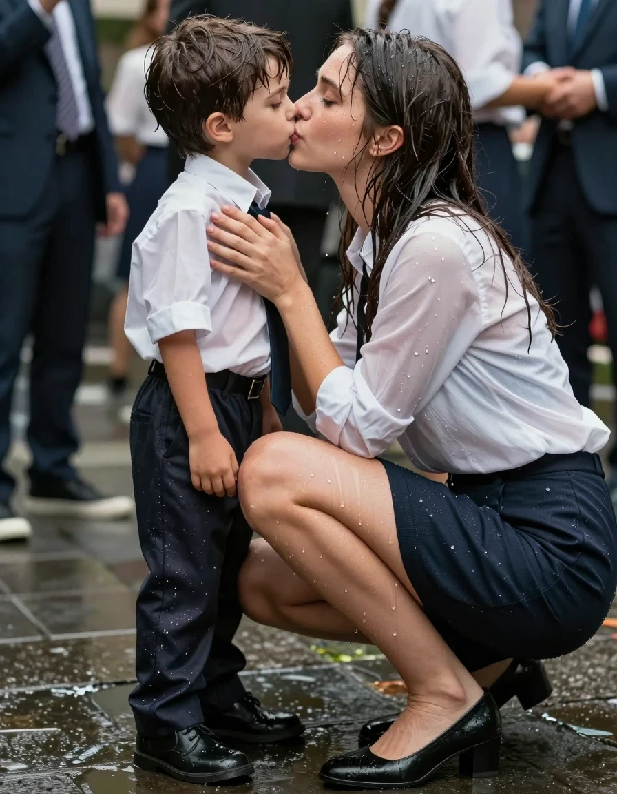 photo of young woman, in soaking wet, drenched clothes,
Shoes, Skirt or trousers, Office shirt, Student party, 
enjoying, wet clothes stuck to body,
detailed textures of the wet clothes, wet face, wet plastered hair,
wet, drenched, professional, high-quality details, full body view.
sharp focus, ultra-high pixel detail, realistic, high-quality, full colors, incredibly detailed, 4k, 8k, 16k, hyper-realistic, RAW photo, masterpiece, ultra-detailed, professionally color graded, professional photograph, Kissing guy, wet skin, wet clothes, damp fabric