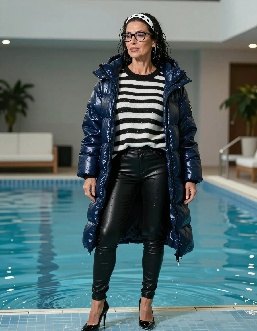 photo of young woman, in soaking wet, drenched clothes,
high-heeled shoes, long black shiny tight leather jeans, long black & white striped shiny sweater, maxi dark blue shiny down jacket, standing complete submerged under the water of the indoor pool, 
enjoying, wet clothes stuck to body,
detailed textures of the wet clothes, wet face, wet plastered hair,
wet, drenched, professional, high-quality details, full body view.
sharp focus, ultra-high pixel detail, realistic, high-quality, full colors, incredibly detailed, 4k, 8k, 16k, hyper-realistic, RAW photo, masterpiece, ultra-detailed, professionally color graded, professional photograph, europen brunette skinny woman 50 years old, long dark black hair, white polka-dot headband, office glasses, very big and thick lips, complete body, wet skin, wet clothes, damp fabric, wet skin, wet clothes, damp fabric, wet skin, wet clothes, damp fabric, wet skin, wet clothes, damp fabric, wet skin, wet clothes, damp fabric, wet skin, wet clothes, damp fabric, wet skin, wet clothes, damp fabric